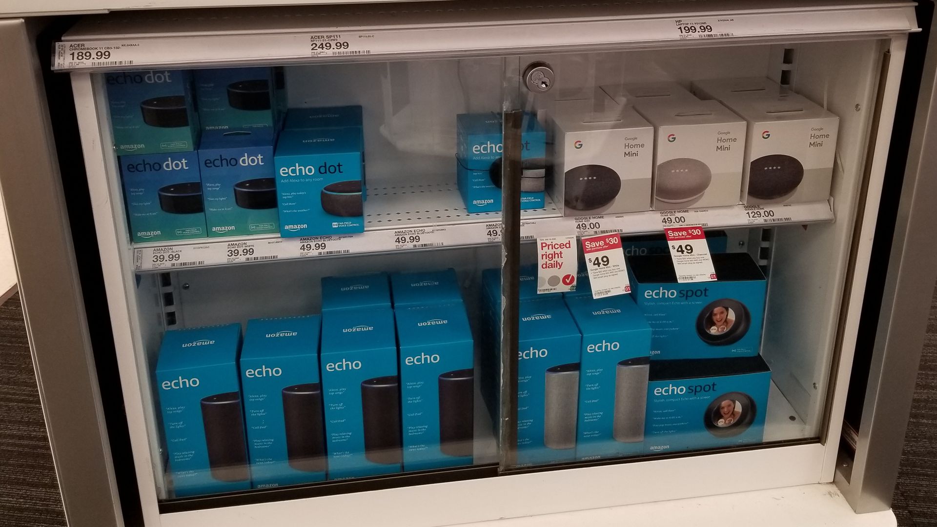 Case of Amazon Alexa products in a store