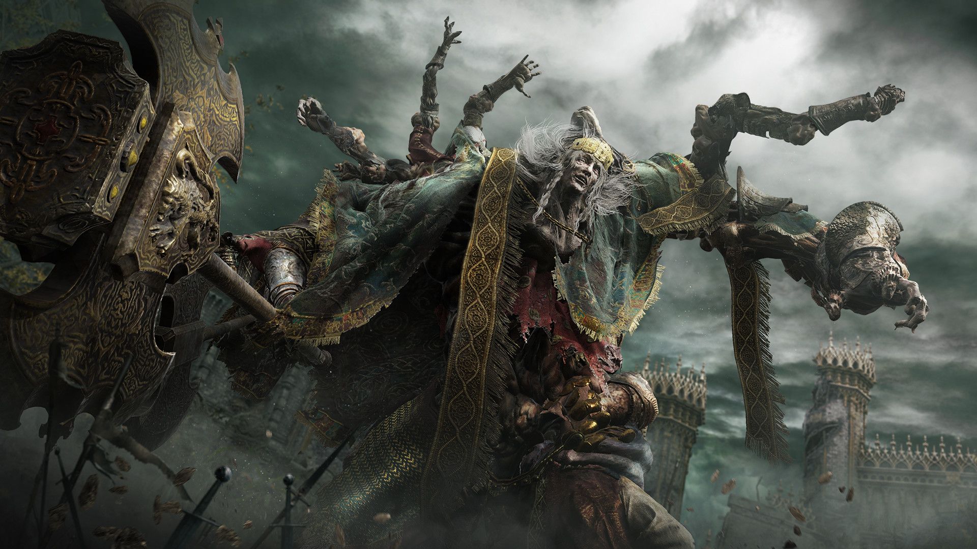 Video game screenshot of multi-armed crowned giant who is swinging a huge axe