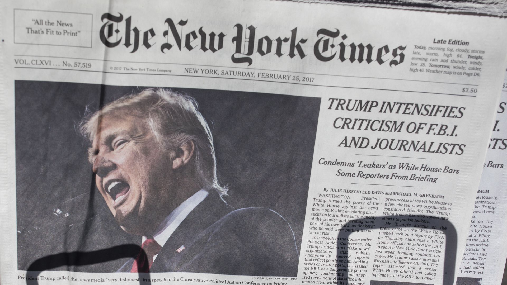 A New York Times paper with Trump on the front page