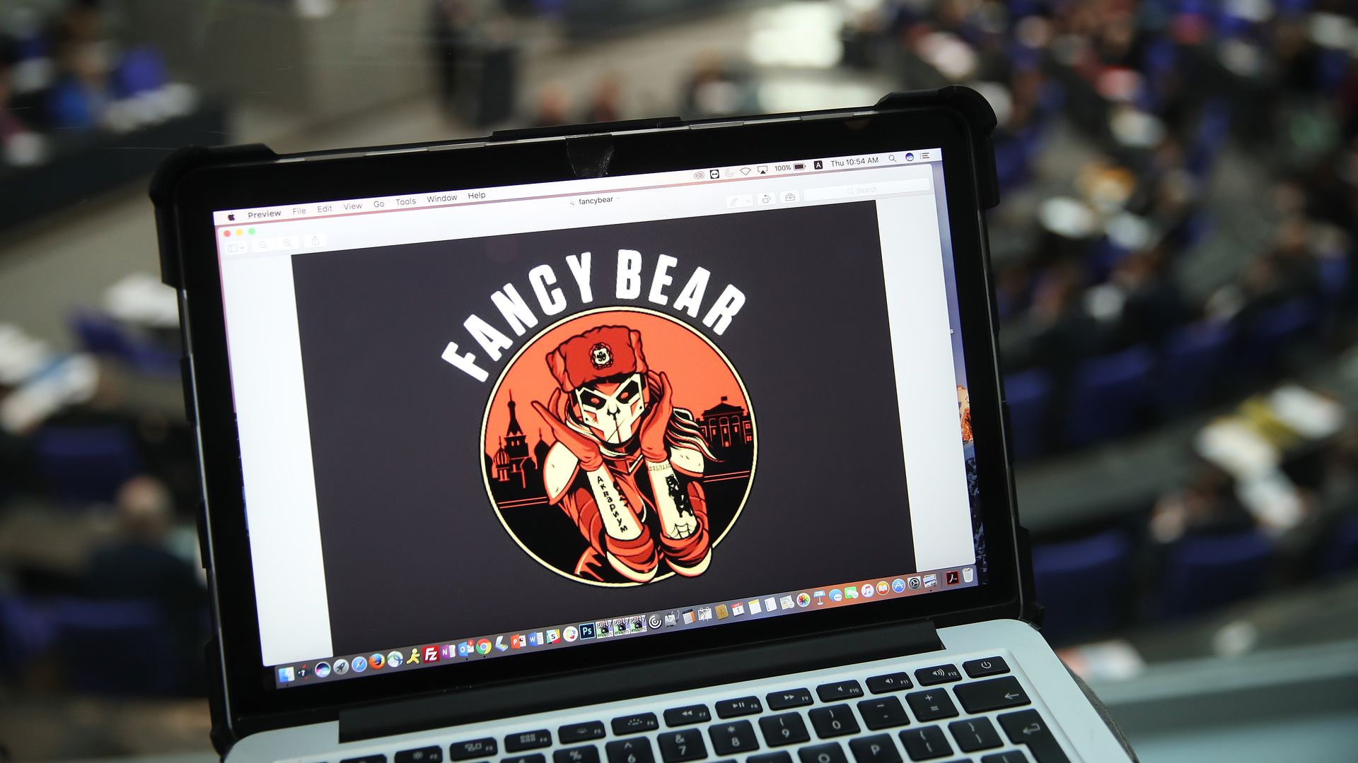 Laptop showing a logo for suspected-Russian hackers Fancy Bear, designed by security company Crowdstrike