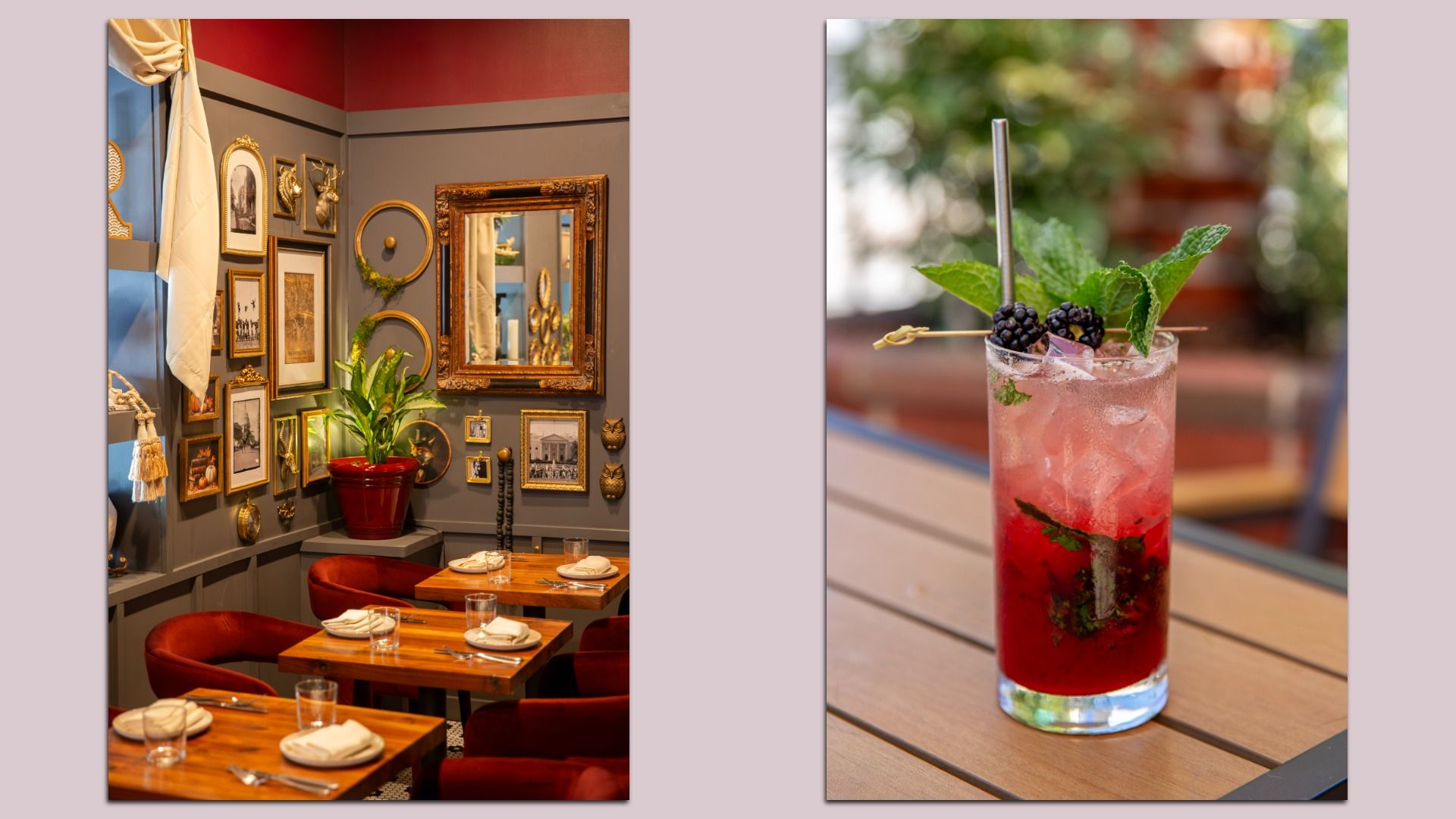 Two photos: left shows a cozy dining nook with gray walls, a gallery wall of gold-framed art and plants; right shows a pink cocktail with mint and blackberries on a wooden table.