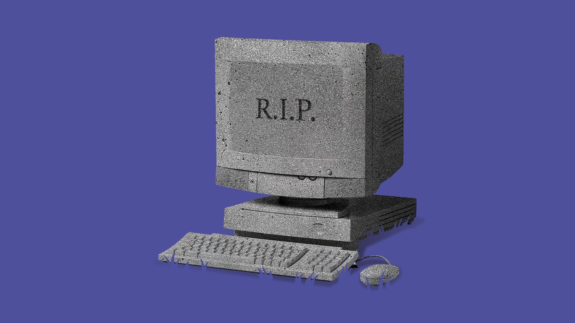 Illustration of an old-fashioned personal computer made of marble with a screen reading "R.I.P."