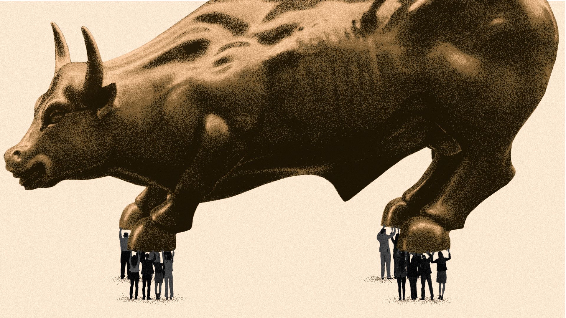 Illustration of the charging Wall Street Bull being carried by a multitude of smaller people.