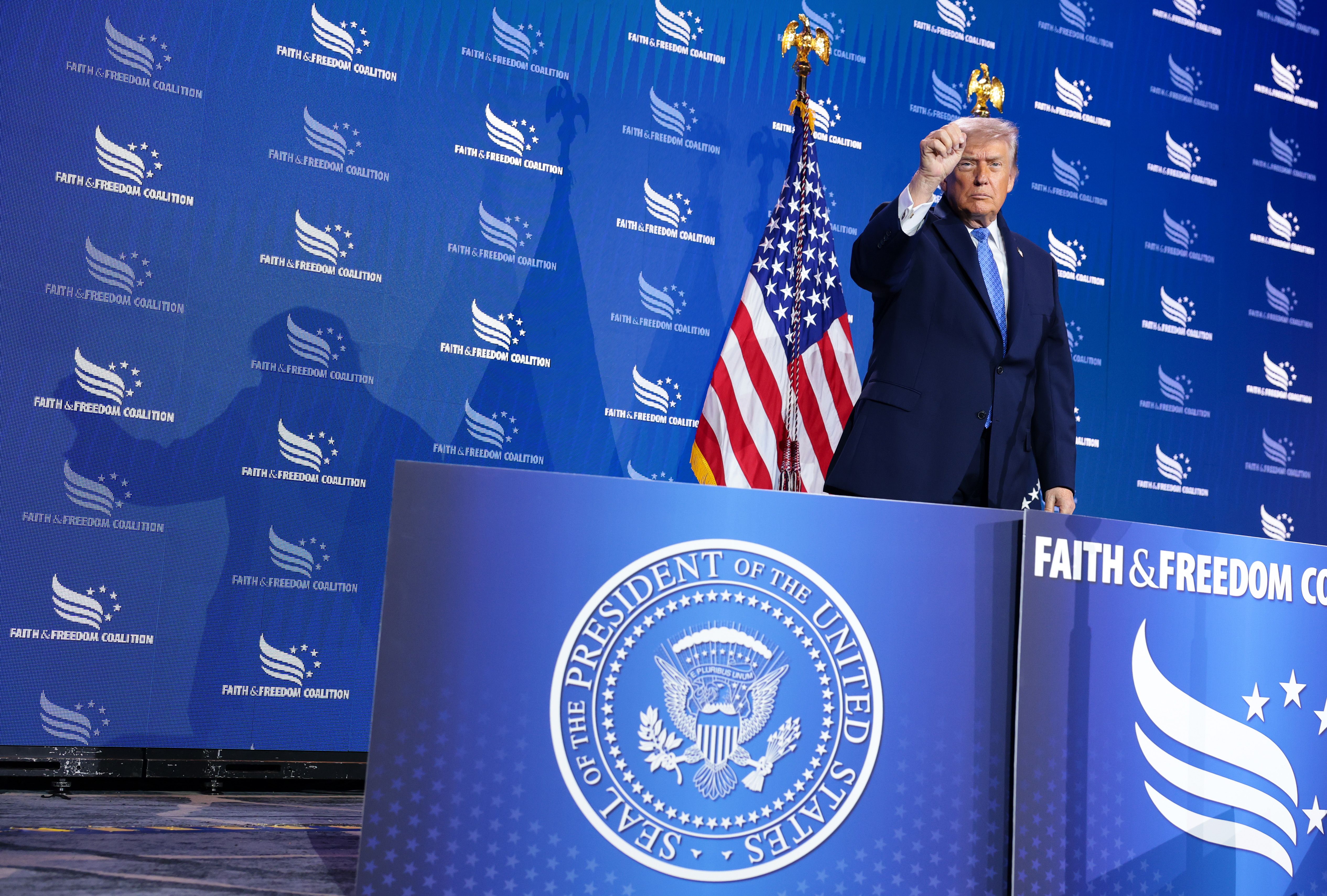  President Donald Trump pumps his fist as he leaves the stage after delivering remarks during the Faith & Freedom Coalition's 2026 Policy Conference at the Washington Hilton on June 26, 2026 in Washington, DC. The conservative Christian group is hosting a series of politicians to speak on the upcomi