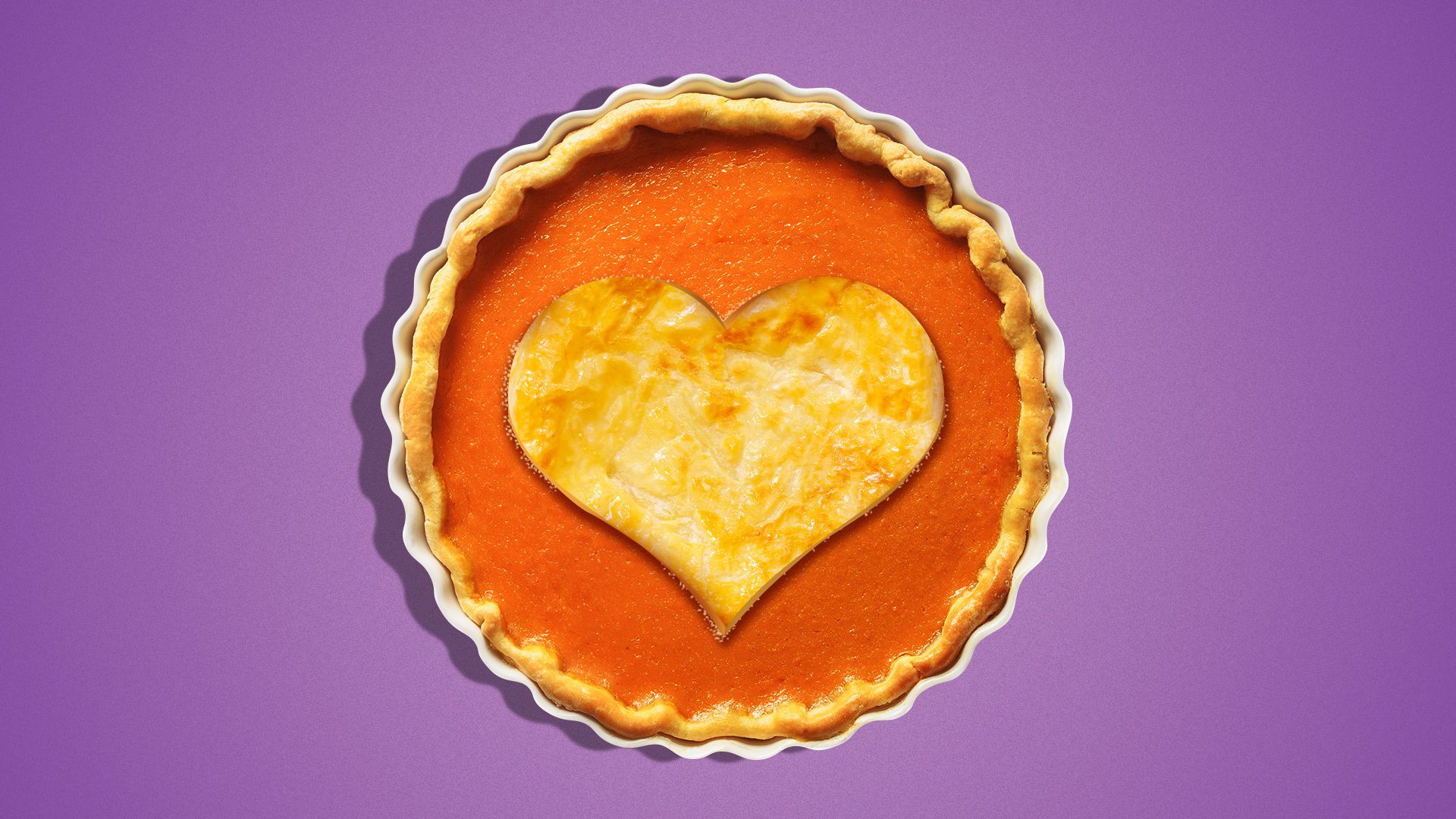 Illustration of a sweet potato pie with a piece of heart shaped pastry on the top of the pie. 