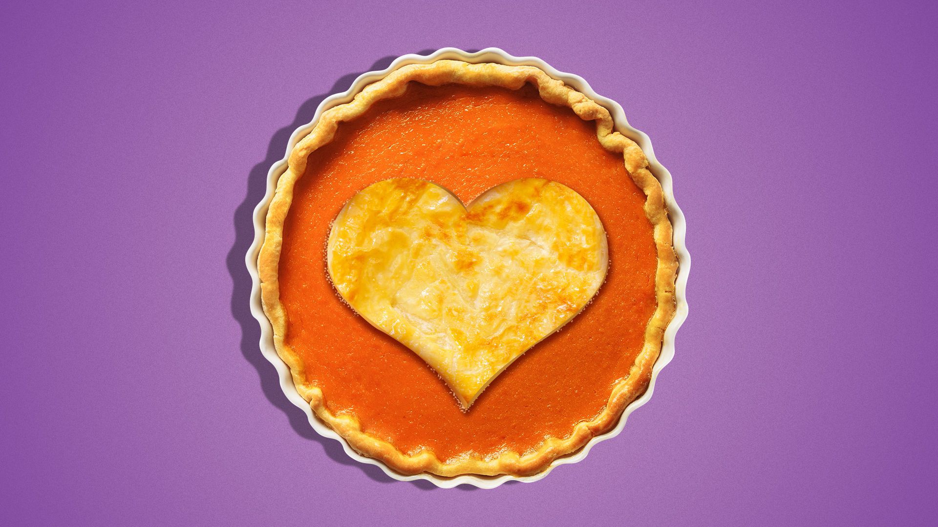 Illustration of a sweet potato pie with a piece of heart shaped pastry on the top of the pie. 