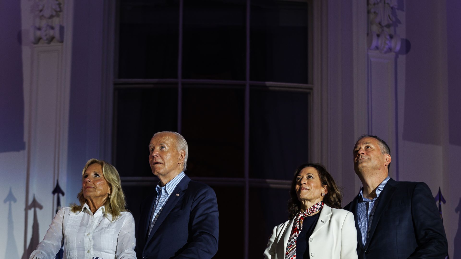 JIll Biden, Joe Biden, Kamala Harris, Doug Emhoff watch fireworks from the White House's south balcony.