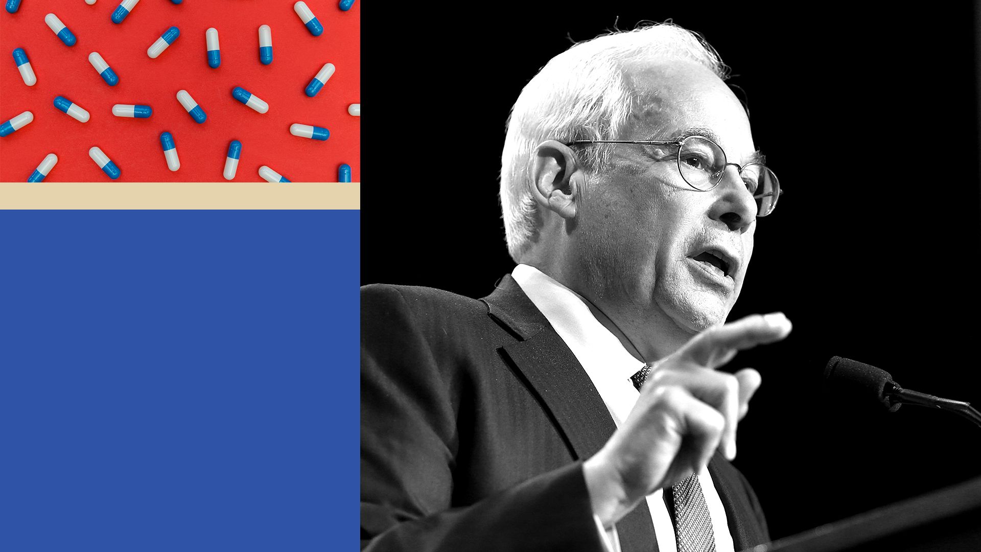 An illustration showing Don Berwick speaking in one panel and prescription drug pills in another panel.