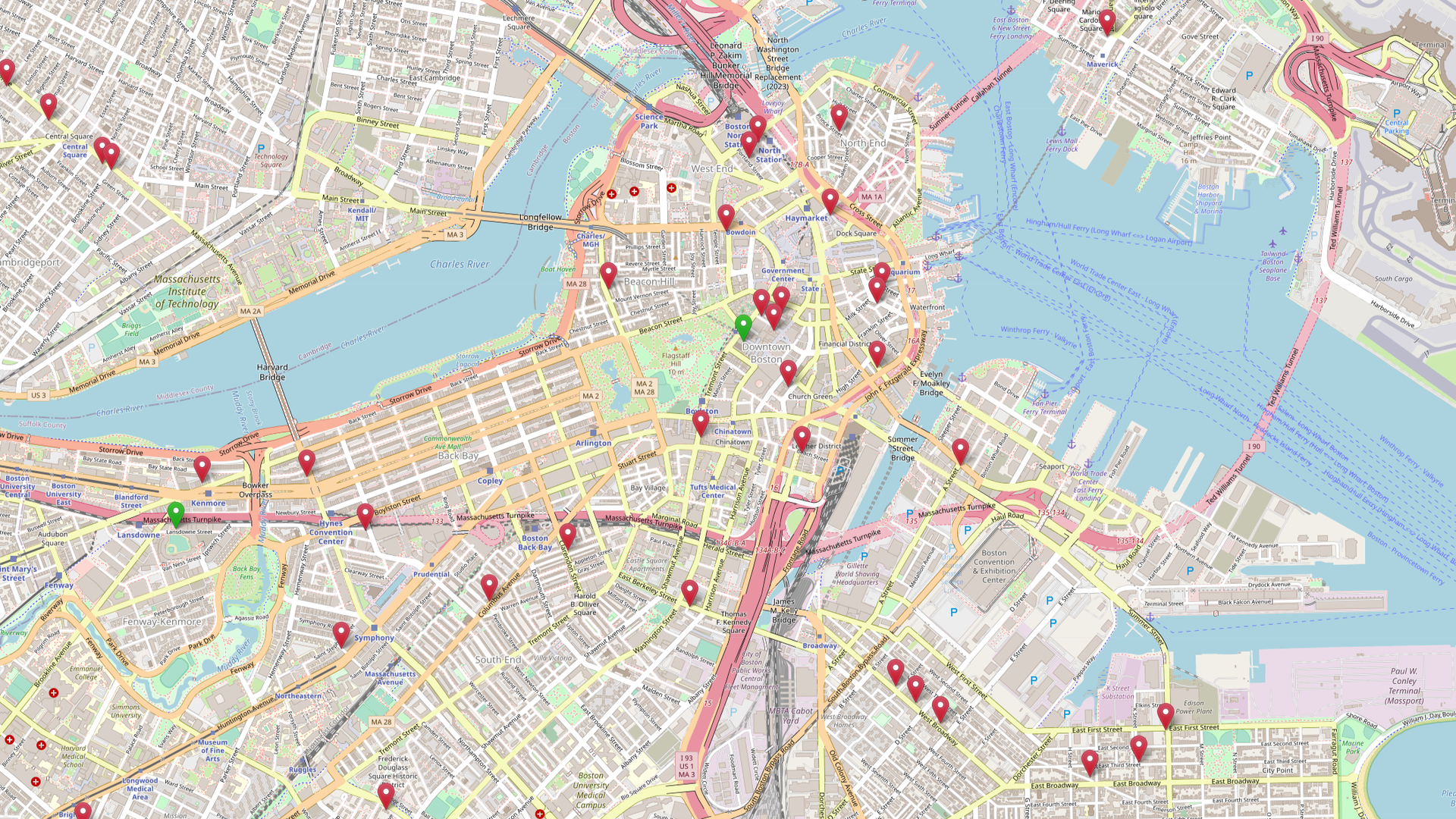 A map of boston with red markers