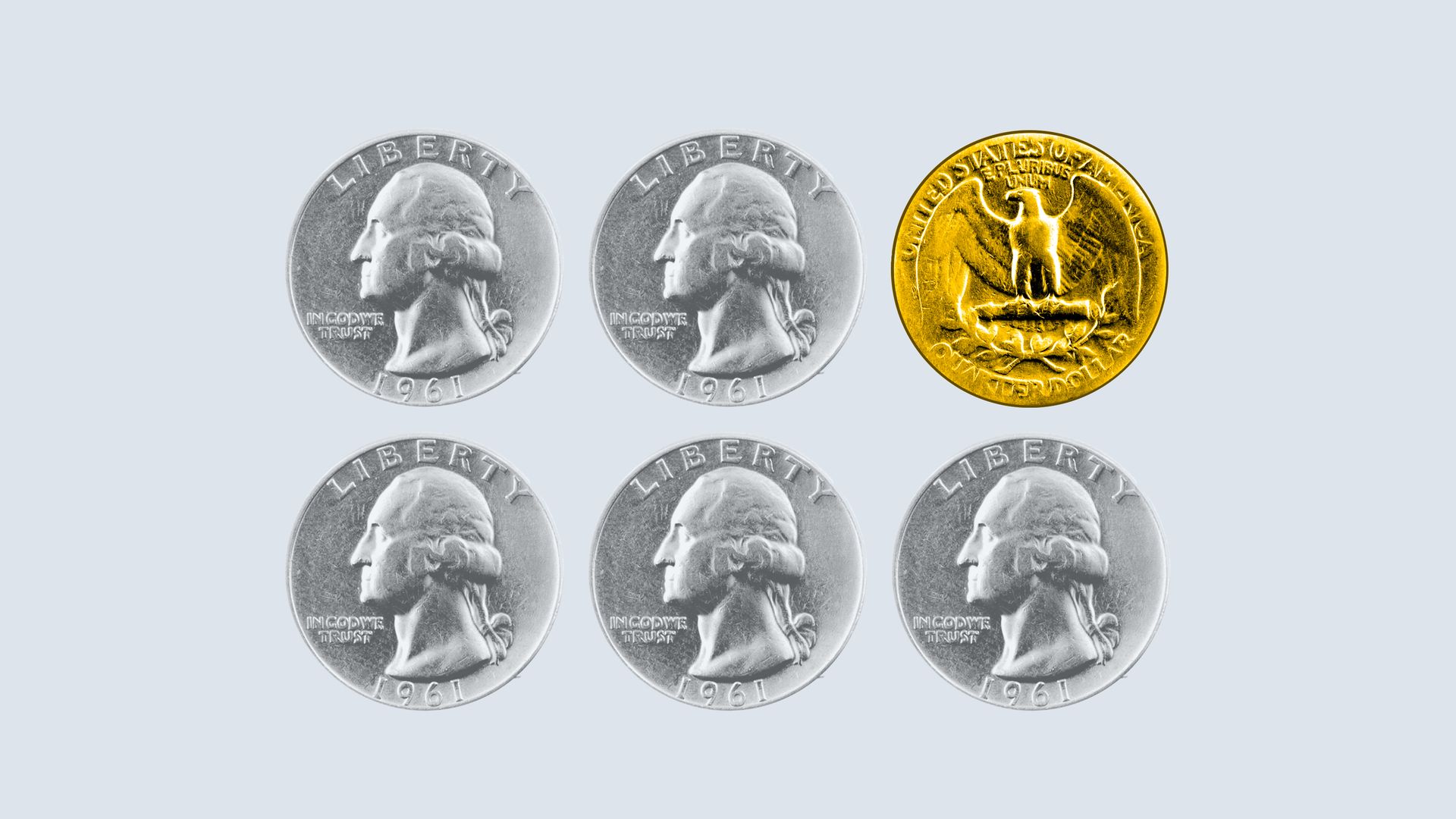 A group of quarters showing thee ‘heads’ side and on showing the ‘tails’ side.