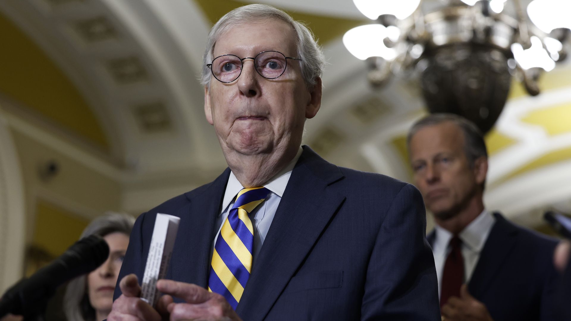 U.S. Senate Minority Leader Mitch McConnell (R-KY) speaks during a press conference following a luncheon with Senate Republicans in the U.S. Capitol Building May 02, 2023 in Washington, DC.