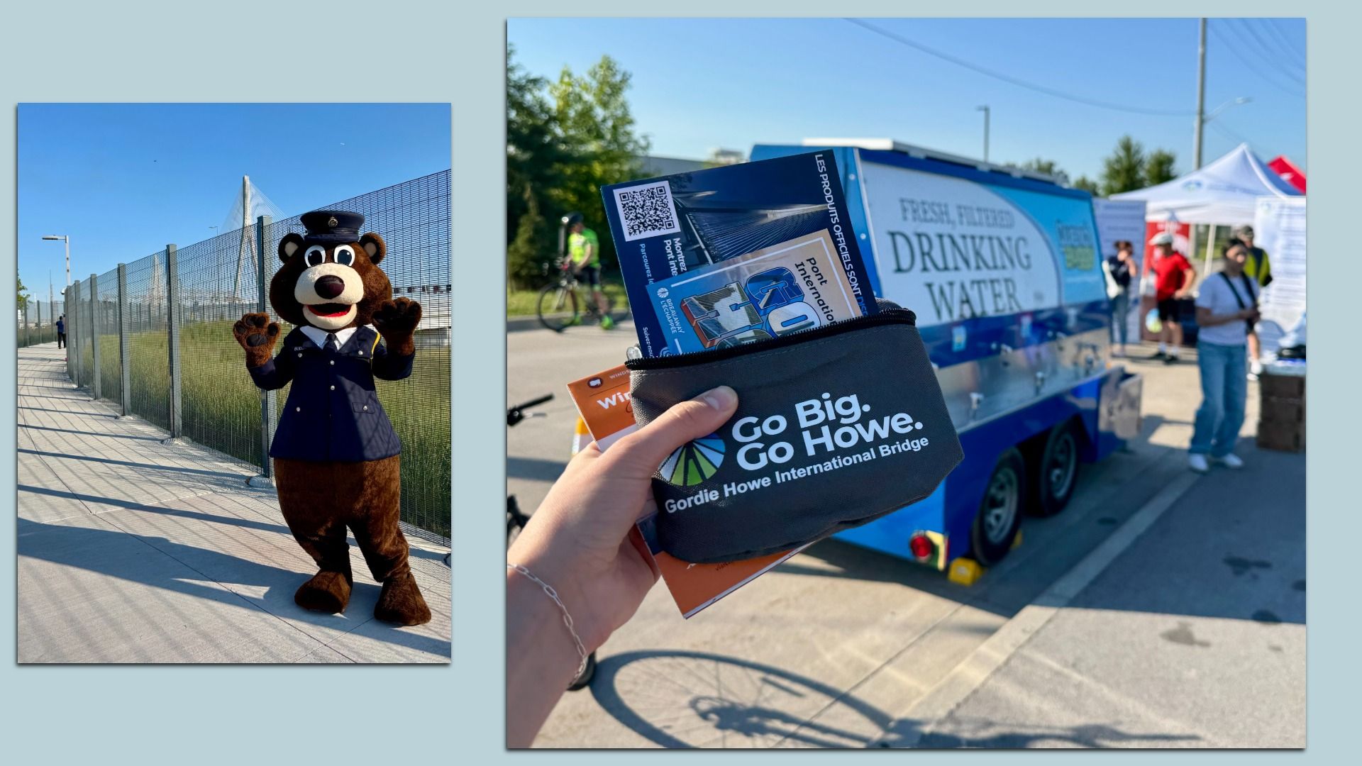 Two photos on a light blue background: left shows a bear mascot in a police uniform waving by a chain-link fence; right shows a hand holding a pouch and card near a blue drinking-water truck at an outdoor event.