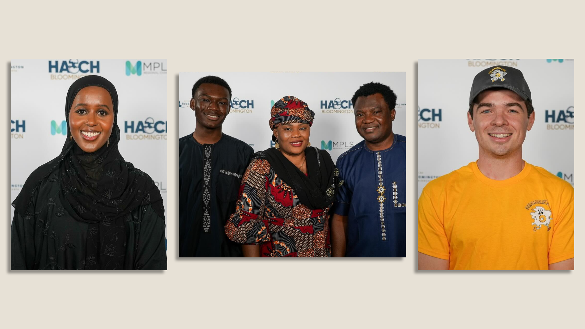 Three portrait images of five different people: a woman with dark skin wearing a hijab, three people with dark skin wearing traditional West African clothing, and a man with light skin wearing a yellow shirt and a baseball cap