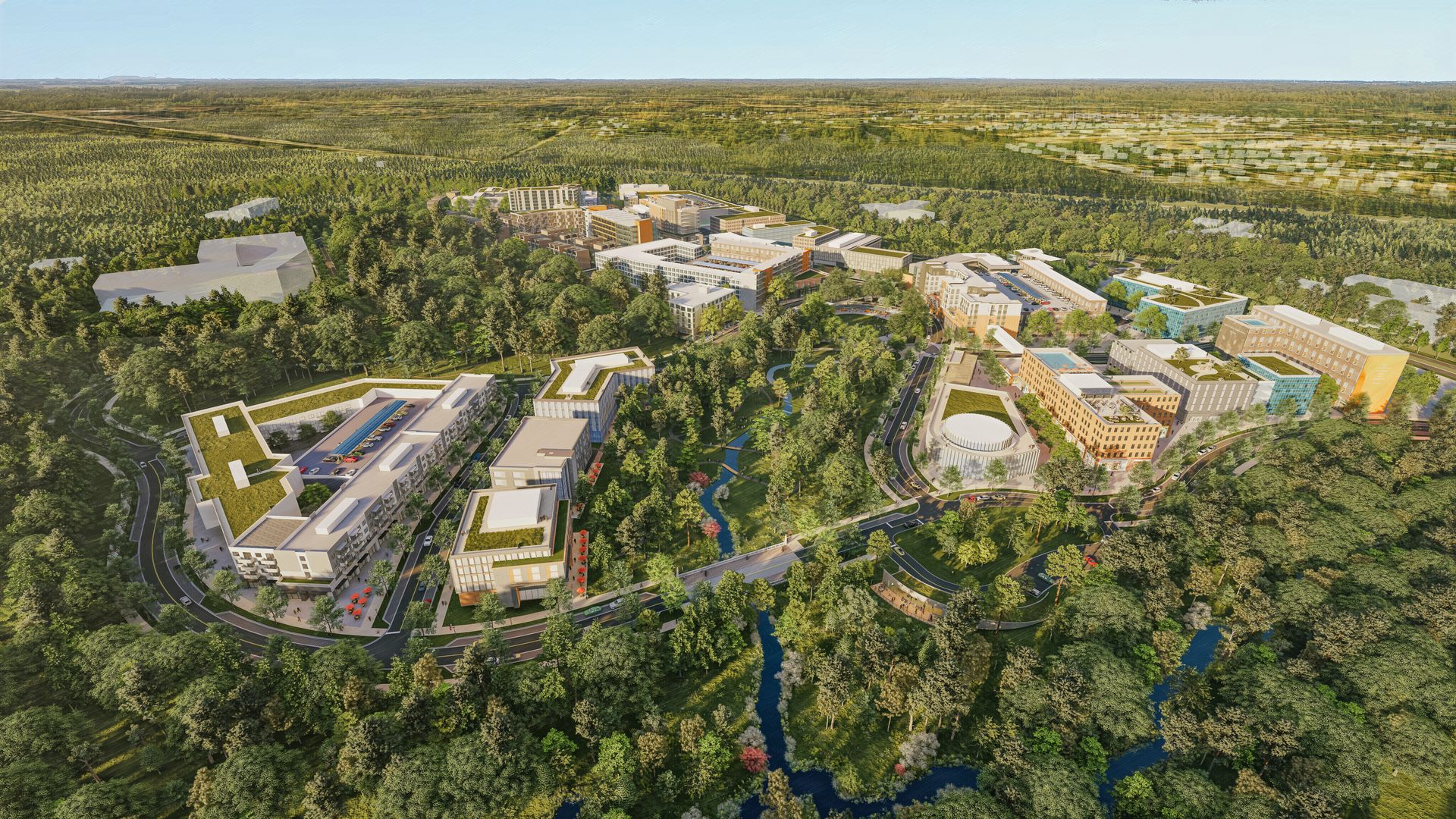 A rendering of a mixed-use research and innovation hub built among a dense wooded area and connected by streets.