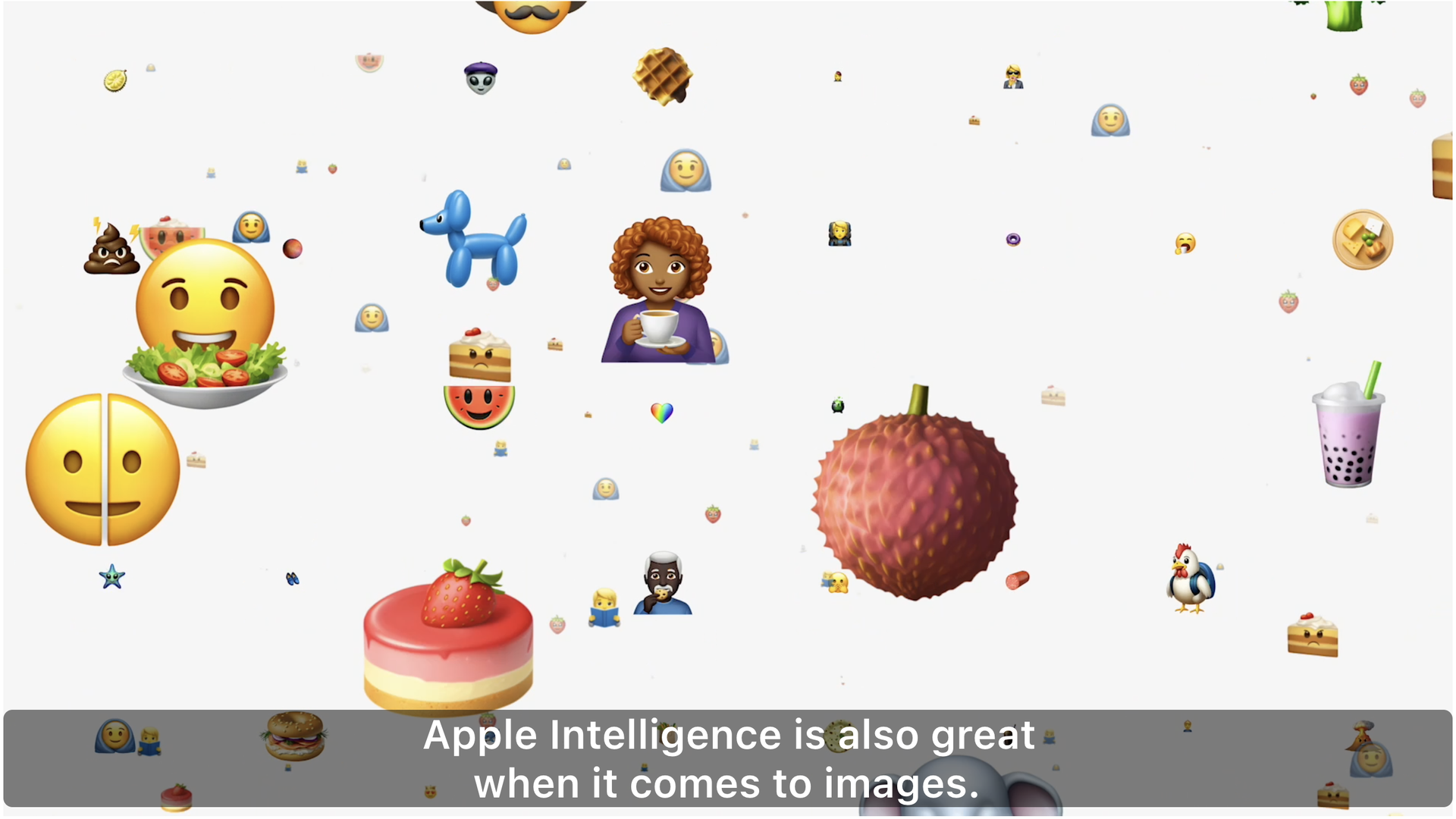 Screenshot of an Apple promotional video for Apple Intelligence with small icon images floating in a void