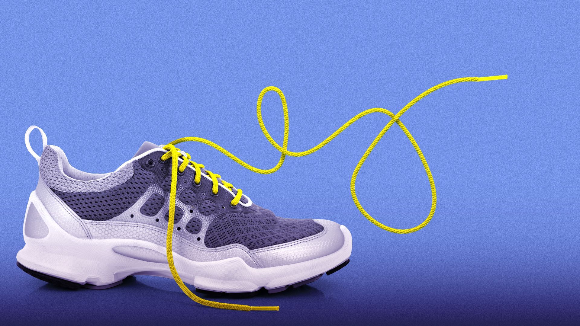 Illustration of a sneaker with one straight lace, and one loopy and wavy lace.
