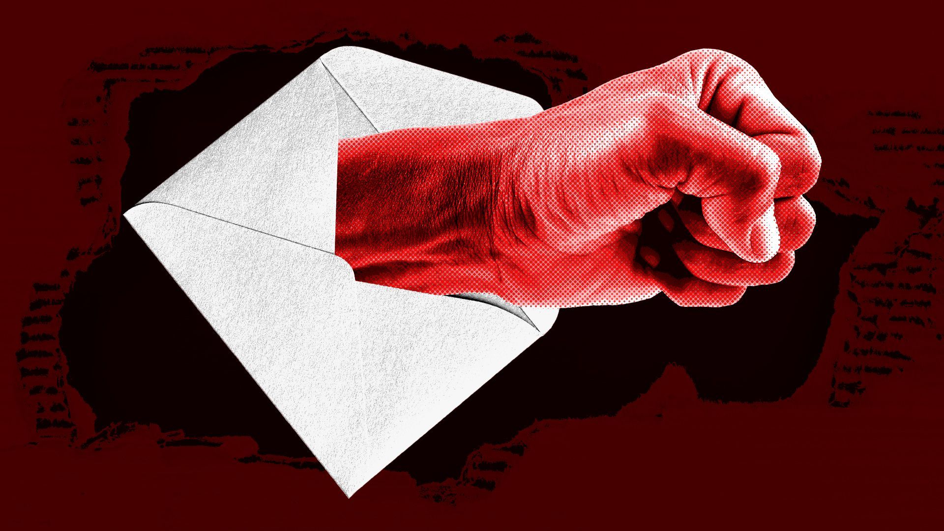 Illustration collage of a fist extending from an open envelope