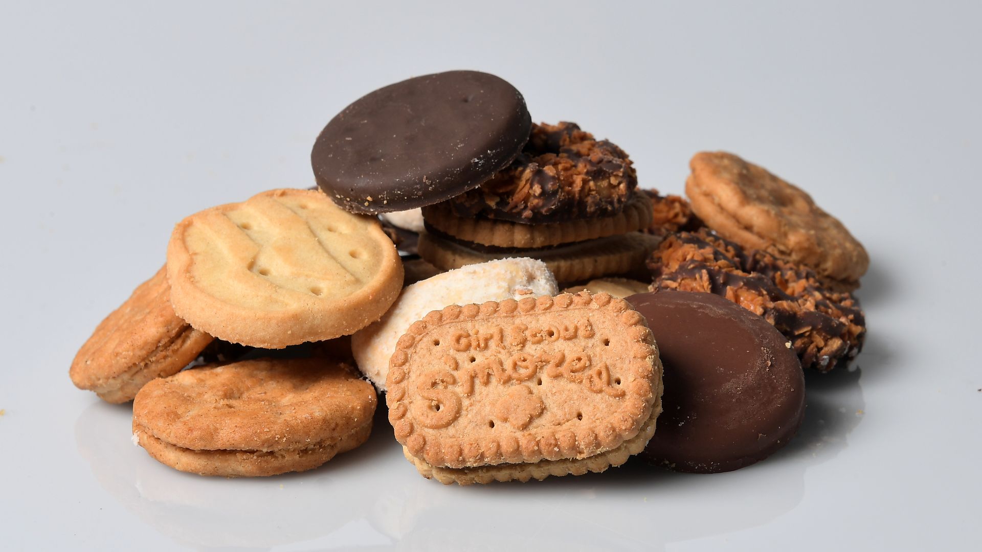 A shot of various Girl Scout cookies in a pile