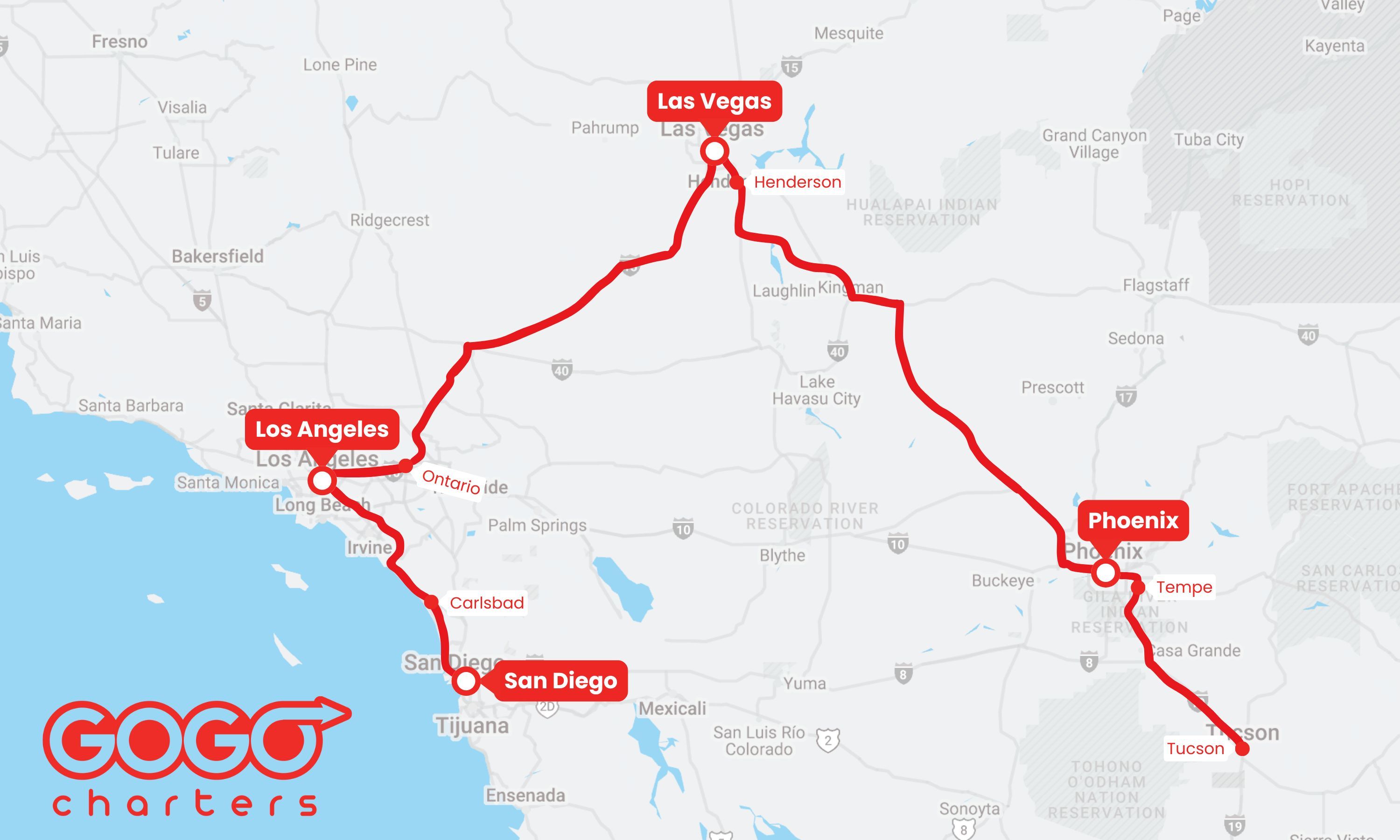 A map of Souther California and the Southwest with a red line showing a bus route from San Diego to Los Angeles to Las Vegas to Phoenix to Tucson.