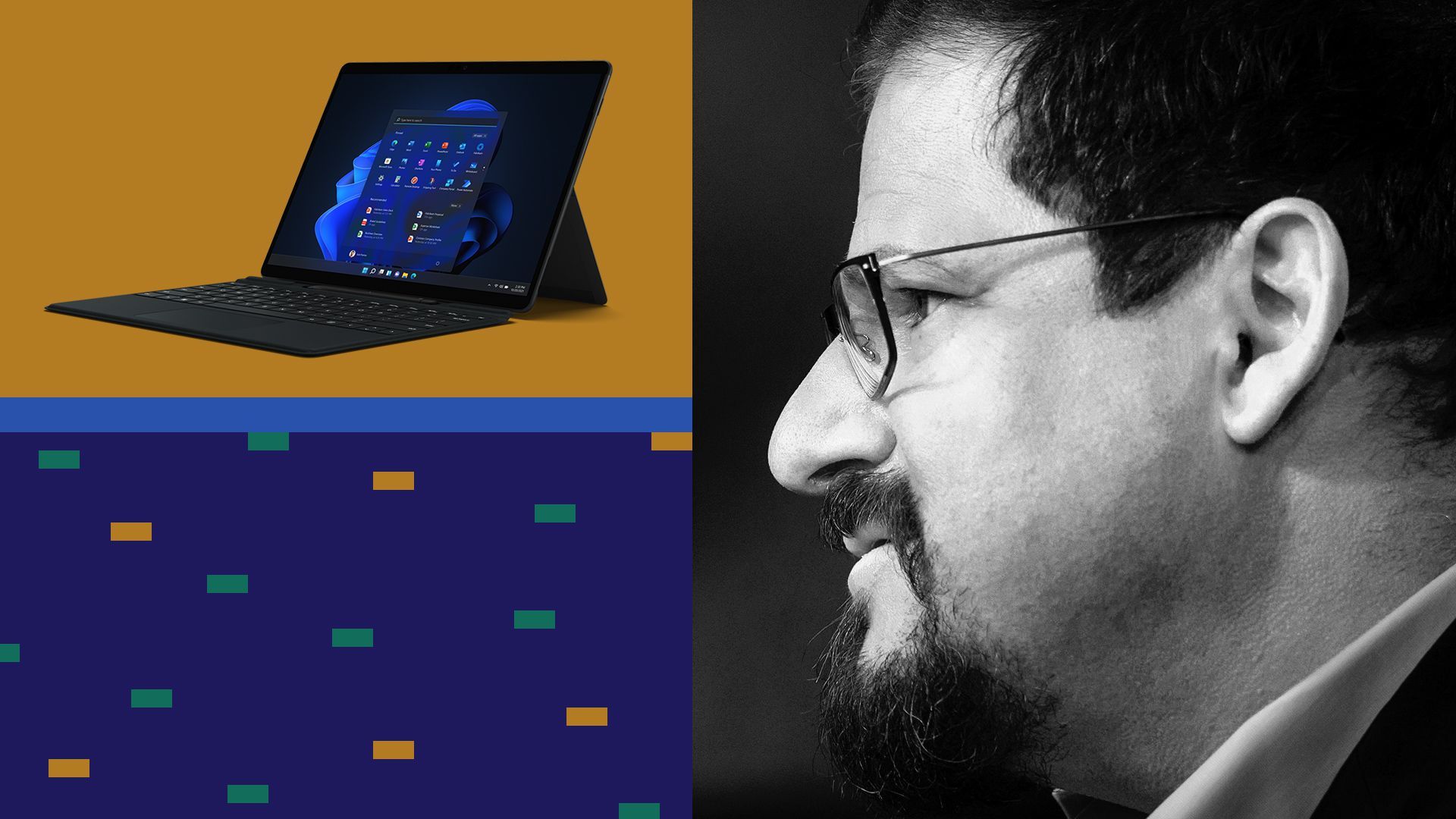 Photo illustration of Cristiano Amon and a Qualcomm-powered Surface Pro X