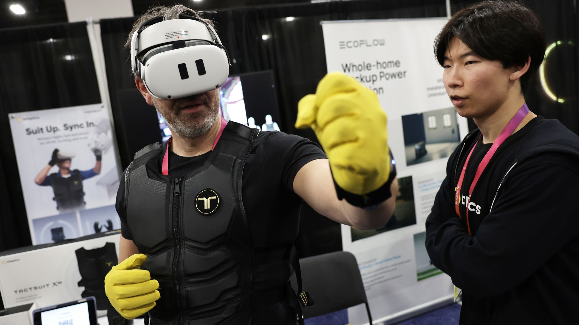 A man tries out the Haptic Suit by bHaptics during a press event at CES 2023 at the Mandalay Bay Convention Center on January 3, 2023 in Las Vegas, Nevada. 