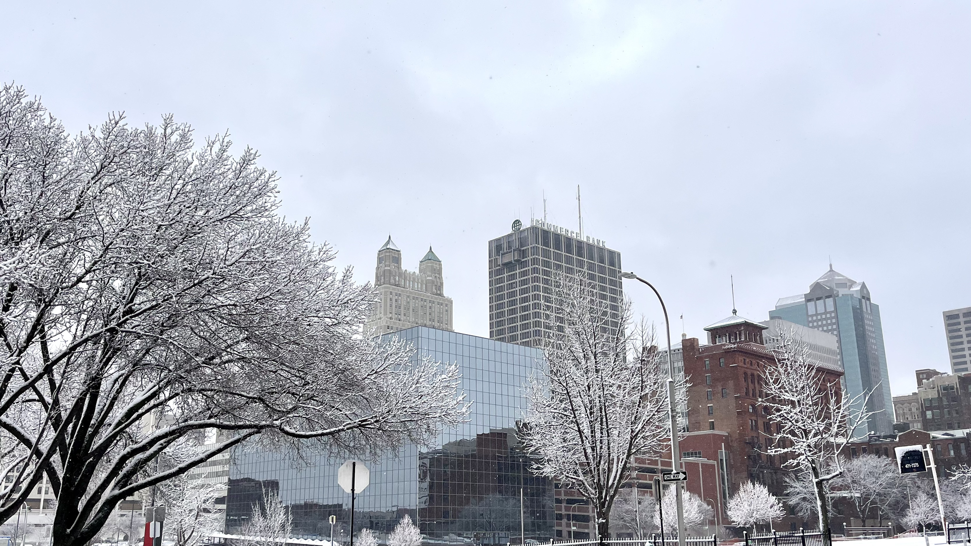 Snow-covered trees in front of downtown Kansas City buildings under a cloudy sky with a stop sign and a one-way sign visible in the foreground.
