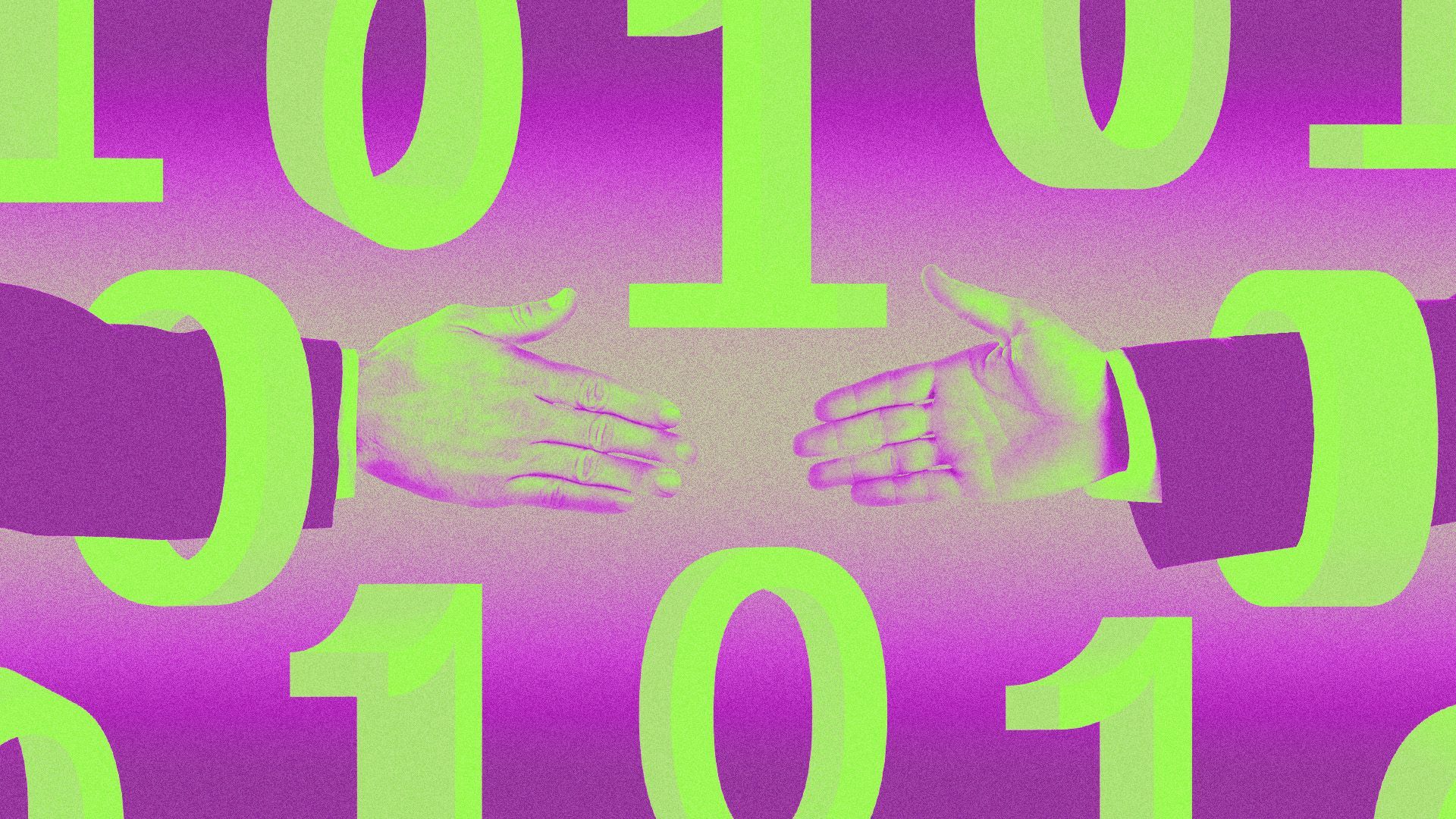 Illustration of people shaking hands through binary code. 