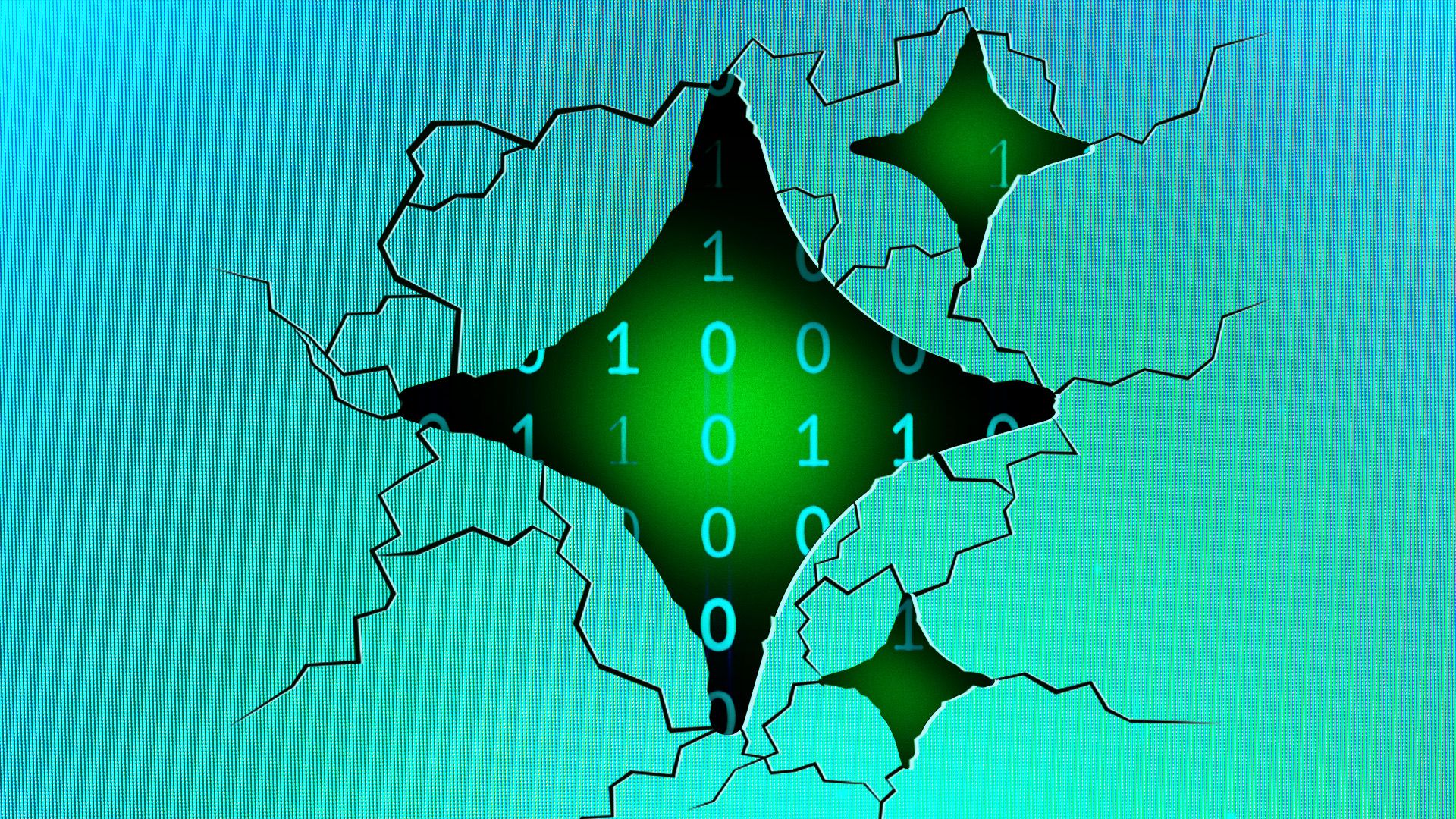 Illustration of the AI sparkle symbol cracking a computer screen and revealing binary code beneath