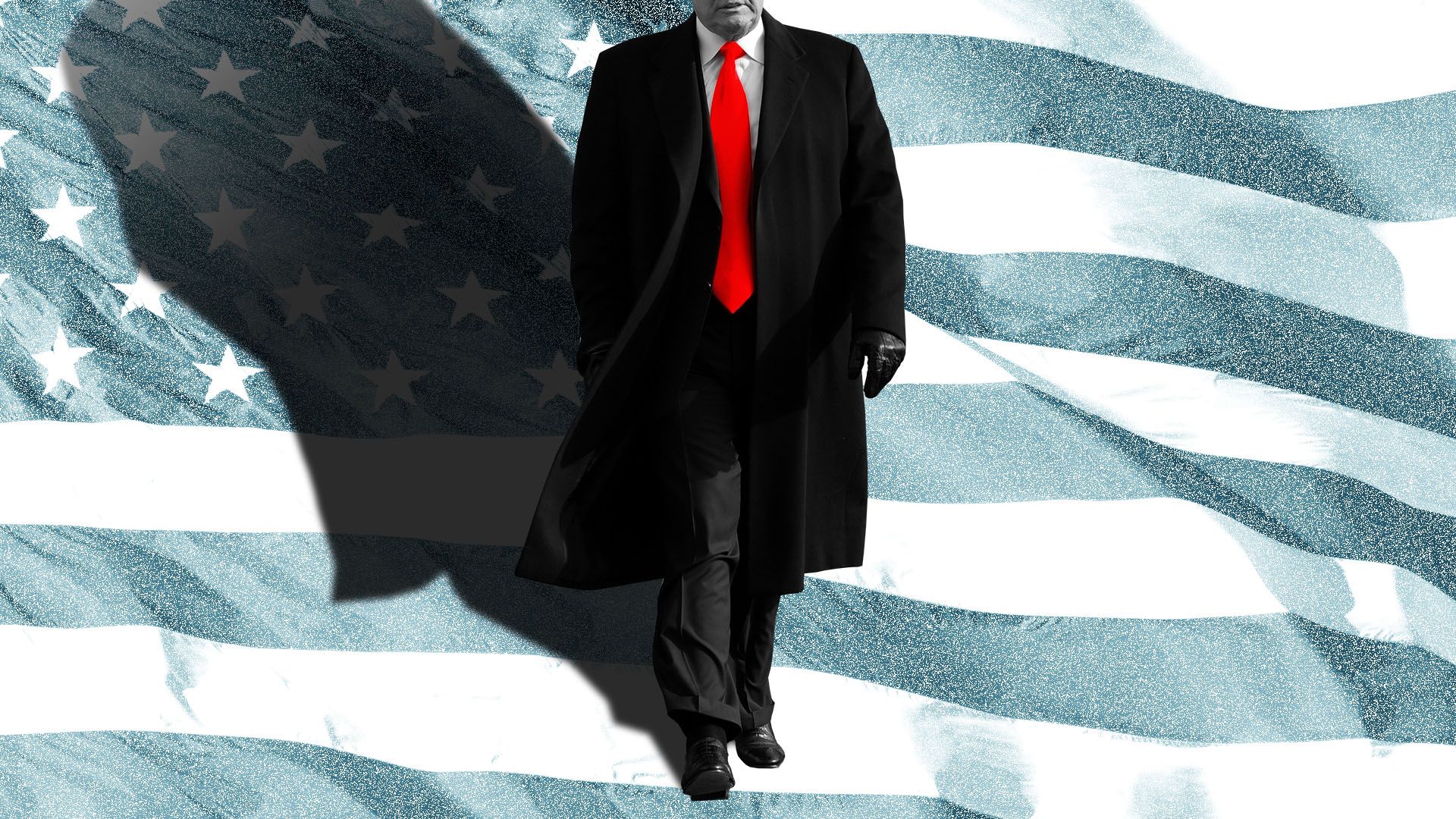 Illustration of President Trump casting shadow over U.S. flag
