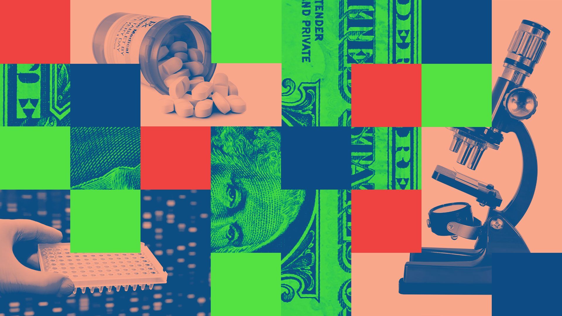Illustration of a grid consisting of colorful rectangles, the back of a one hundred dollar bill, and photographs of a prescription pill bottle, a microscope, and a hand holding a molecular genetics testing tray.