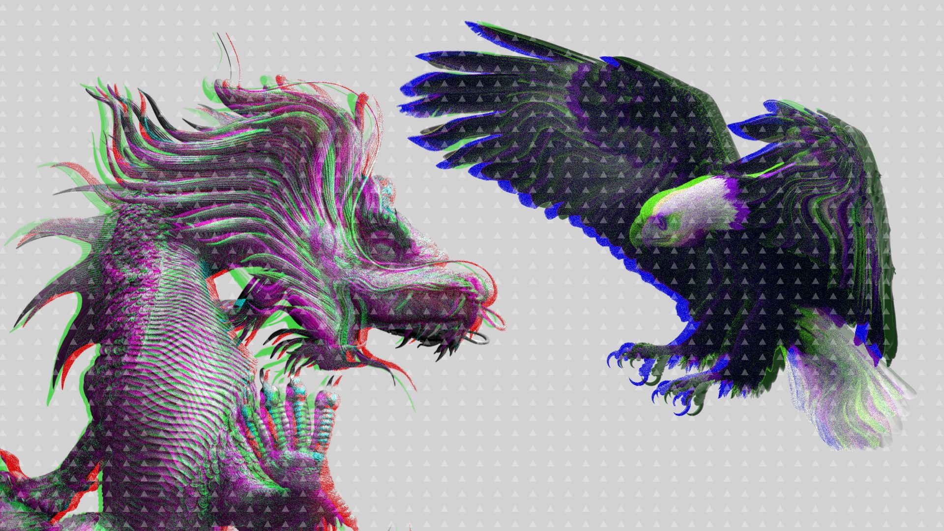 Illustration of an American eagle attacking a Chinese dragon in muted grey colors