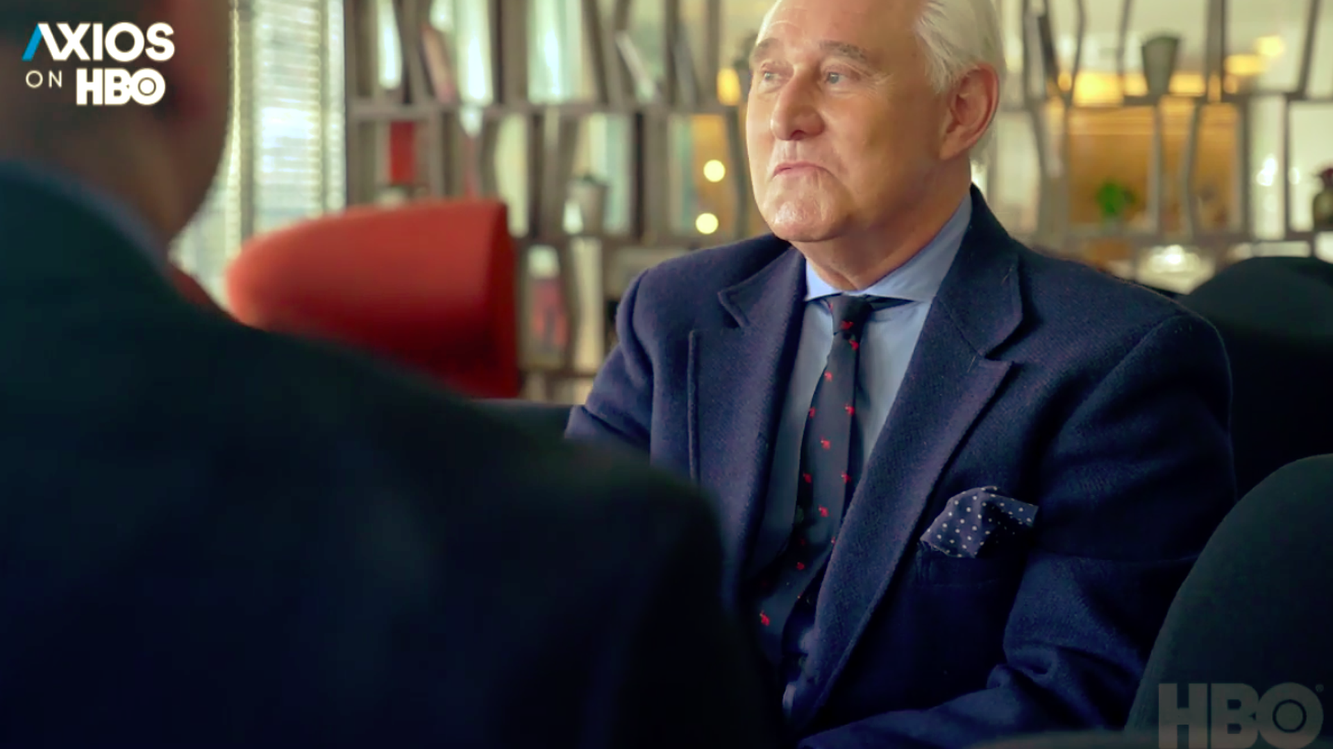 Roger Stone staring into the distance during an "Axios on HBO" interview