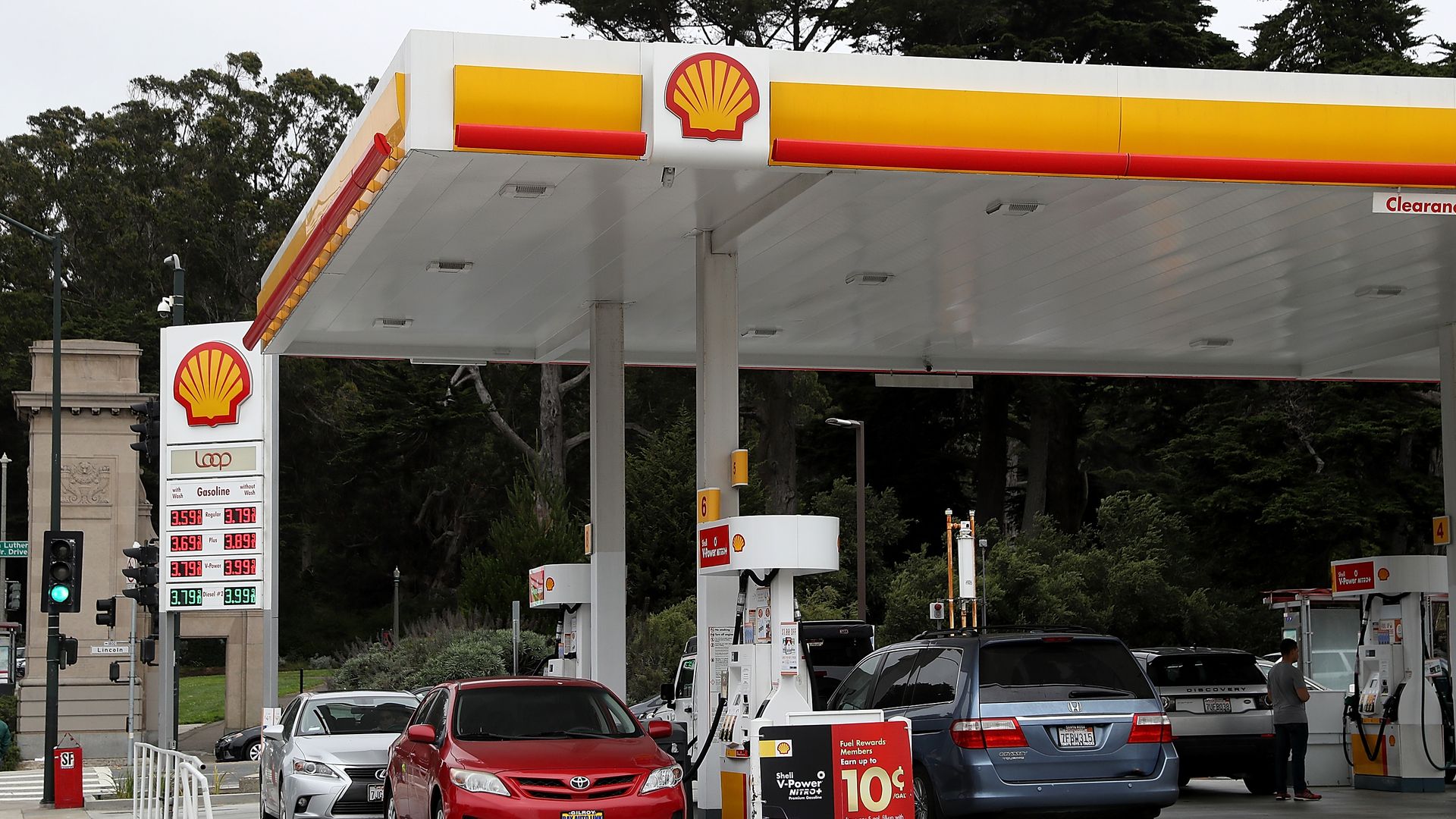 The Shell logo is displayed at a Shell gas station on July 26, 2018 in San Francisco, California.