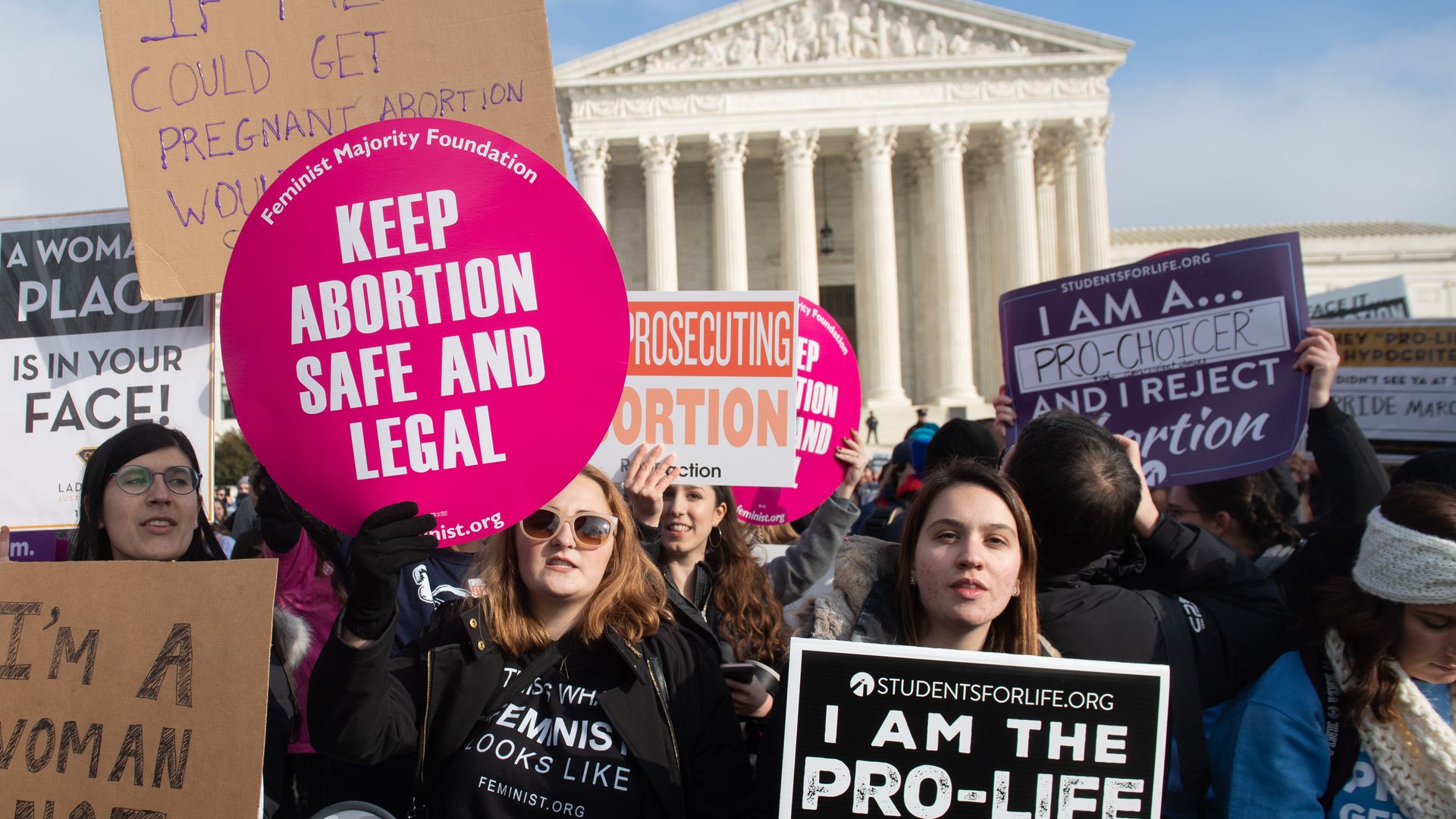 Pro-choice and abortion rights activists protesting outside the U.S. Supreme Court. 