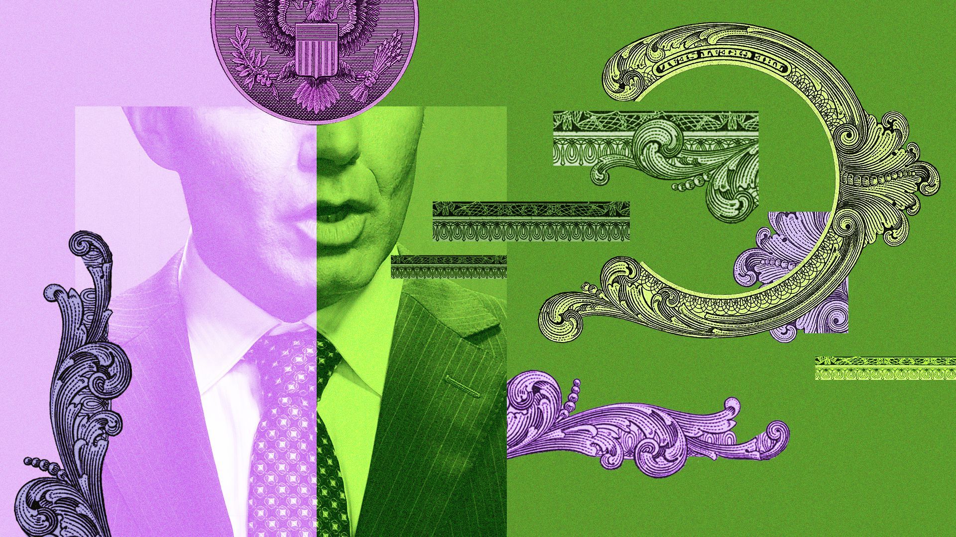 Illustration of a man in a suit speaking, with money elements overlaid on the image.