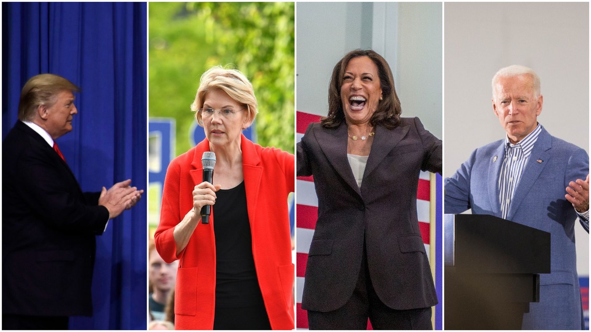 President Trump, Sen. Elizabeth Warren, Sen. Kamala Harris, Joe Biden.