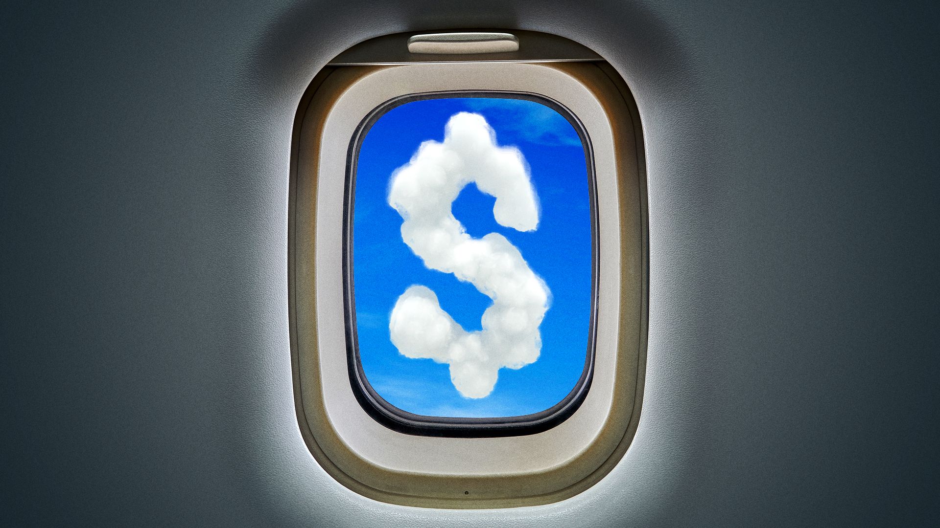 Illustration of a cloud shaped like a dollar sign visible through a jet window.