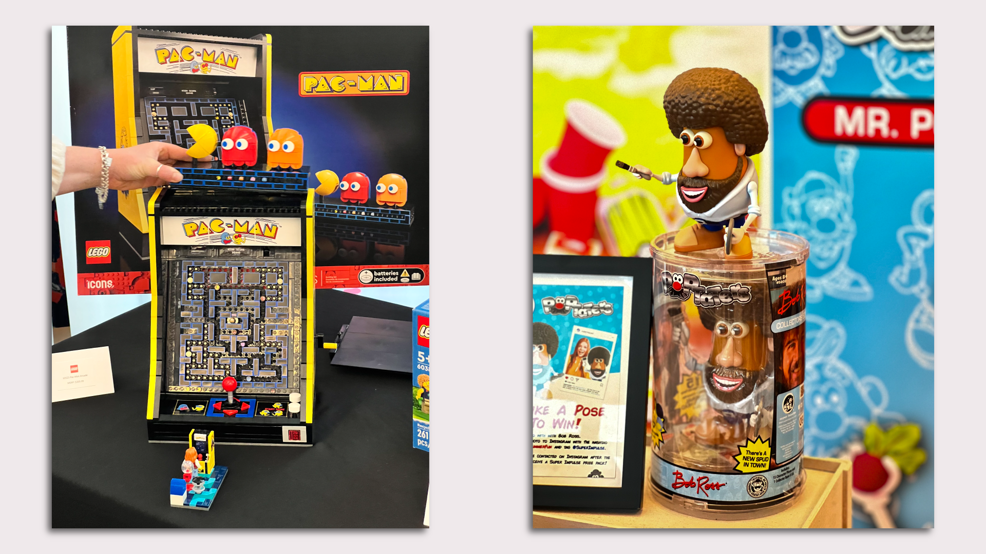 At left, a Pac-Man Lego set; at right, a Bob Ross figurine.