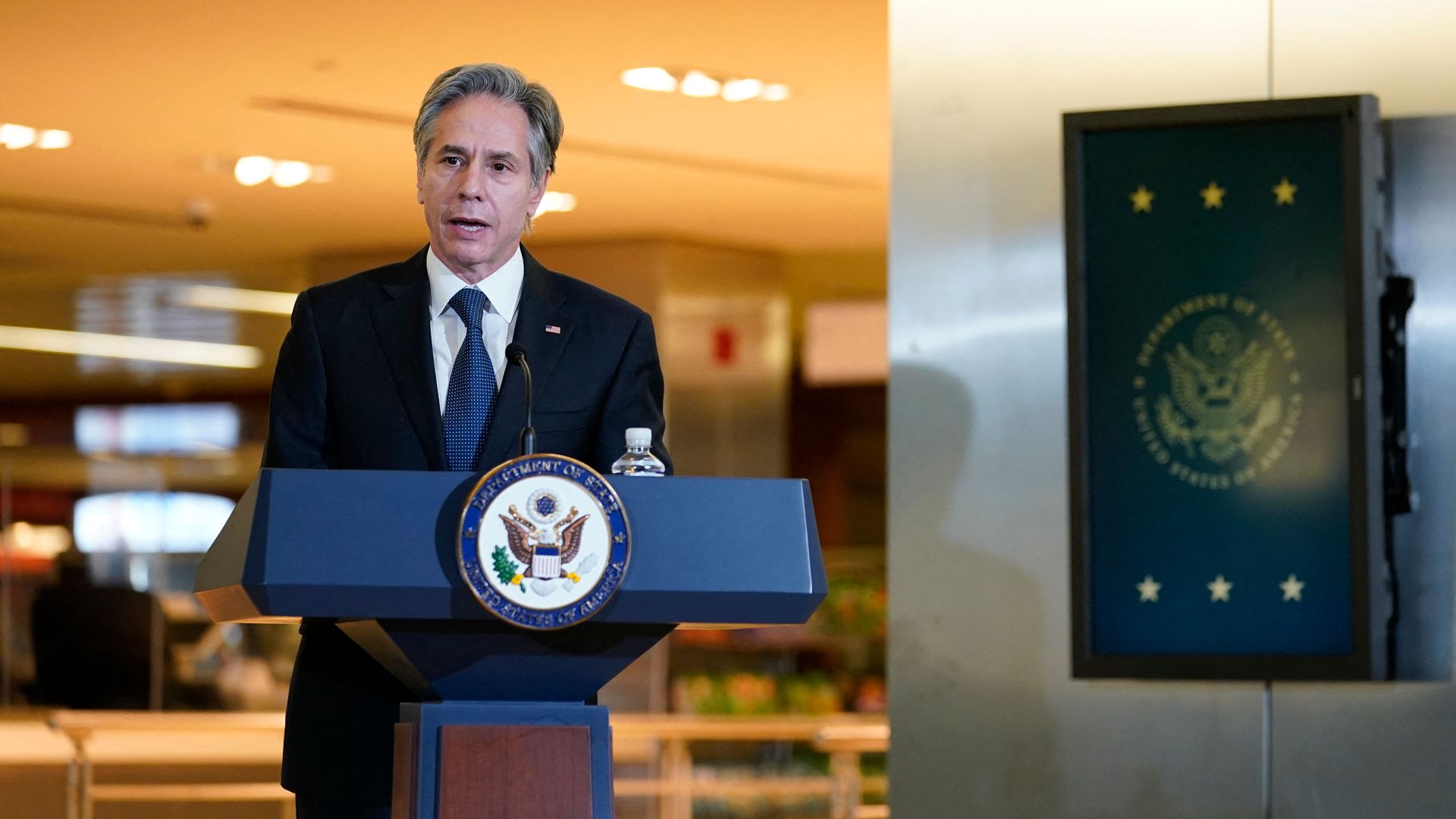 Secretary of State Antony Blinken is seen during a ceremony re-naming the State Department cafeteria.