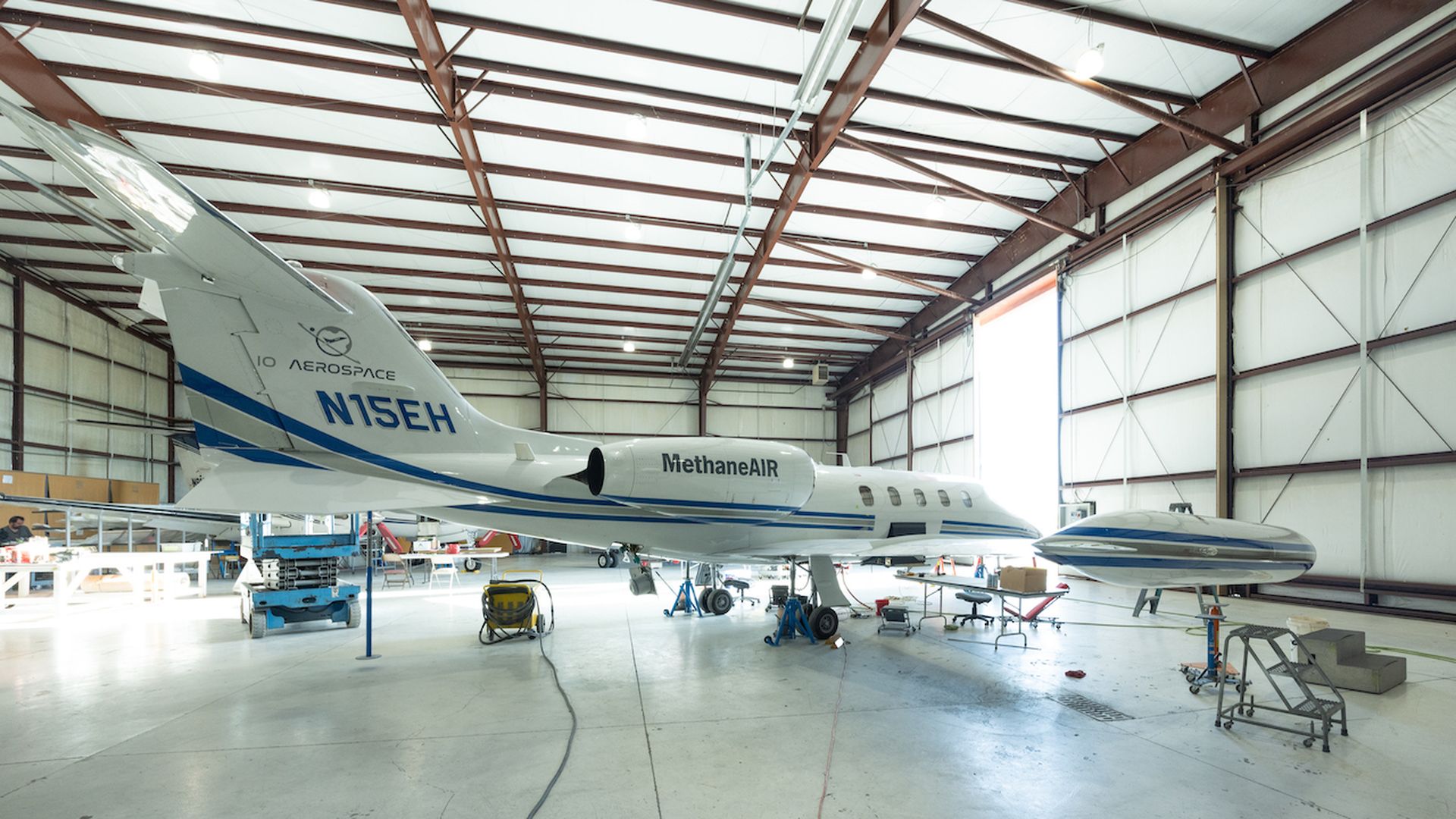 MethaneAIR's emissions-tracking airplane rests in a hangar in Kansas.