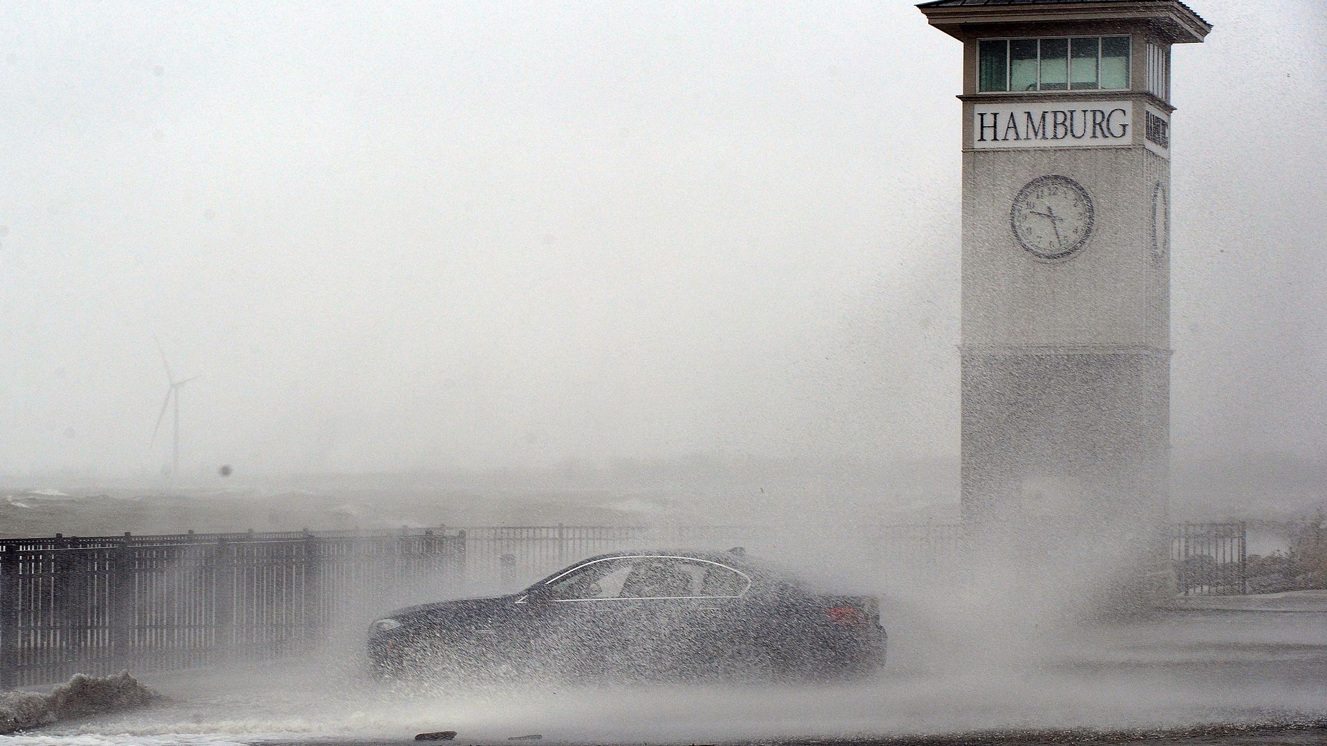 Waves batter the shoreline along Lake Erie December 29, 2025 in Hamburg, New York. 