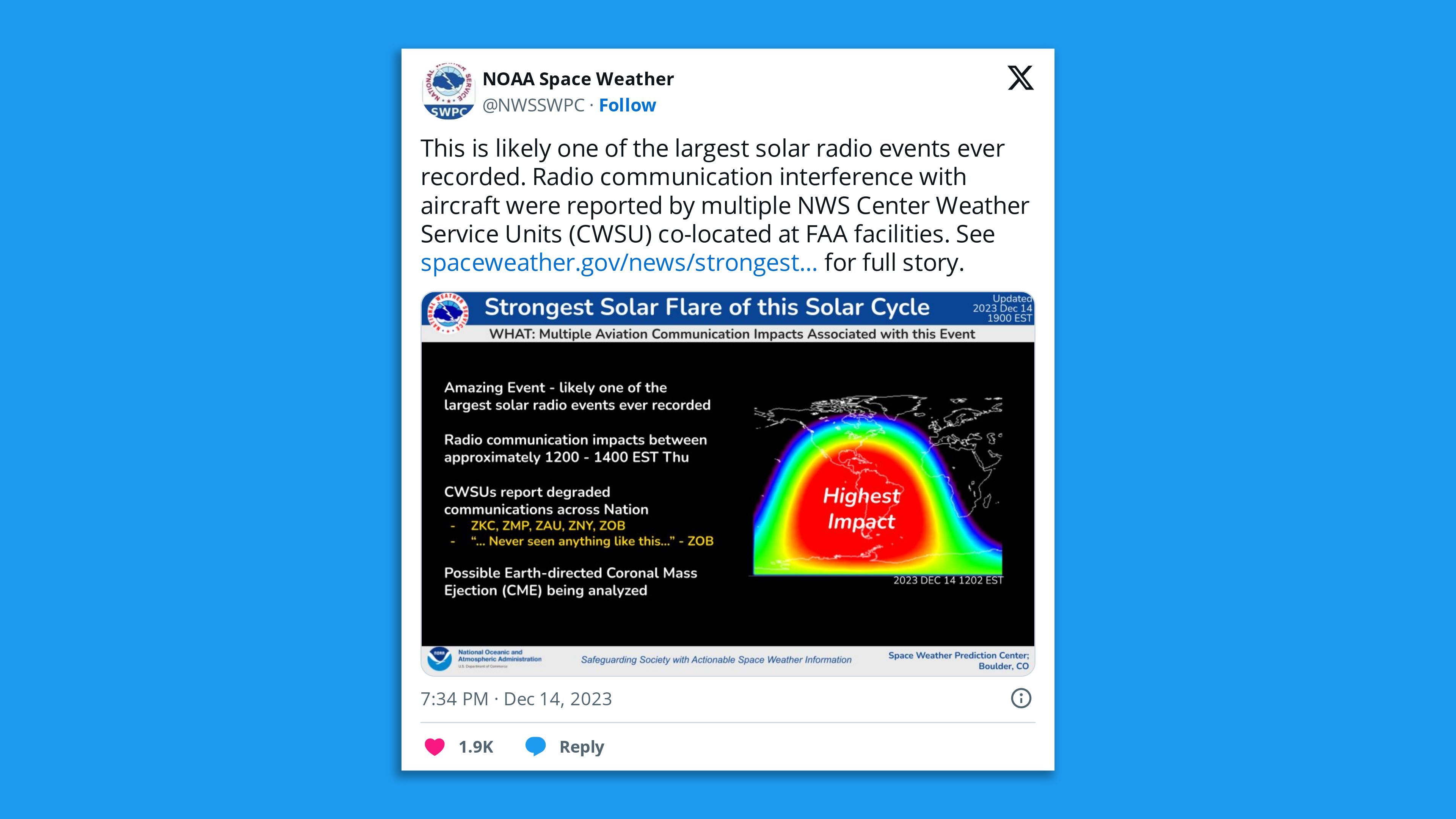 A screenshot of a NOAA Space Weather tweet saying, in part: "This is likely one of the largest solar radio events ever recorded. Radio communication interference with aircraft were reported by multiple NWS Center Weather Service Units (CWSU) co-located at FAA facilities."