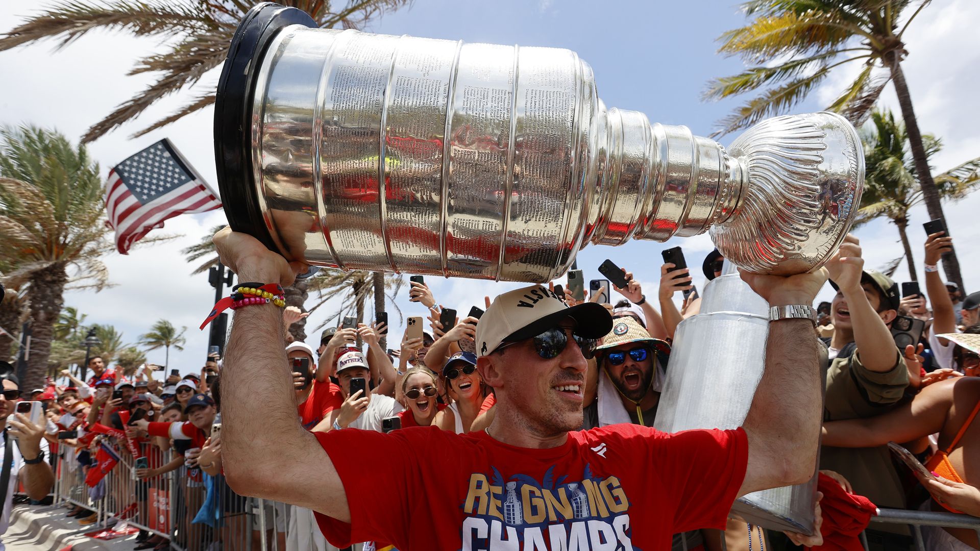 FORT LAUDERDALE, FLORIDA - JUNE 22: Brad Marchand #63 of the Florida Panthers holds the Stanley Cup during the Florida Panthers 2025 Stanley Cup Victory Parade and Rally on June 22, 2025 on Fort Lauderdale Beach, Florida. (Photo by Eliot J. Schechter/Getty Images)
