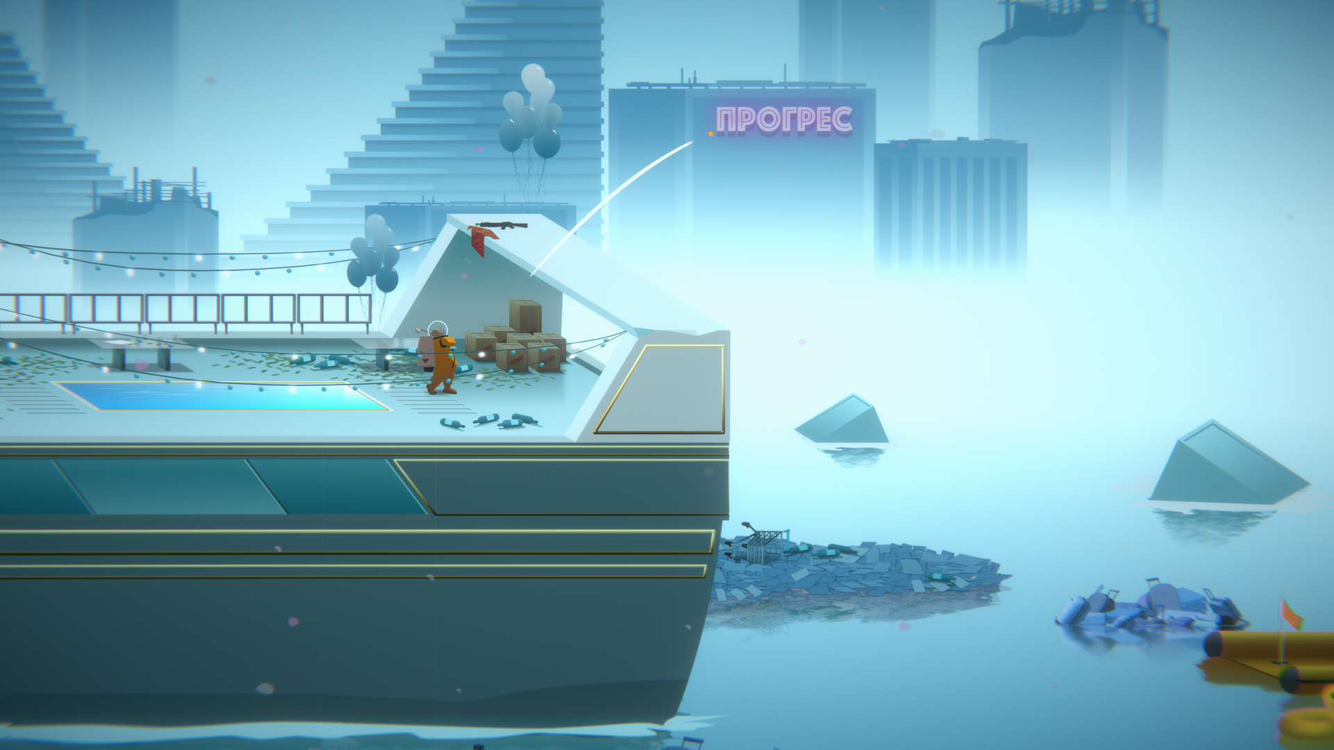 Screenshot of golf video game. The hole is set on a ruined yacht