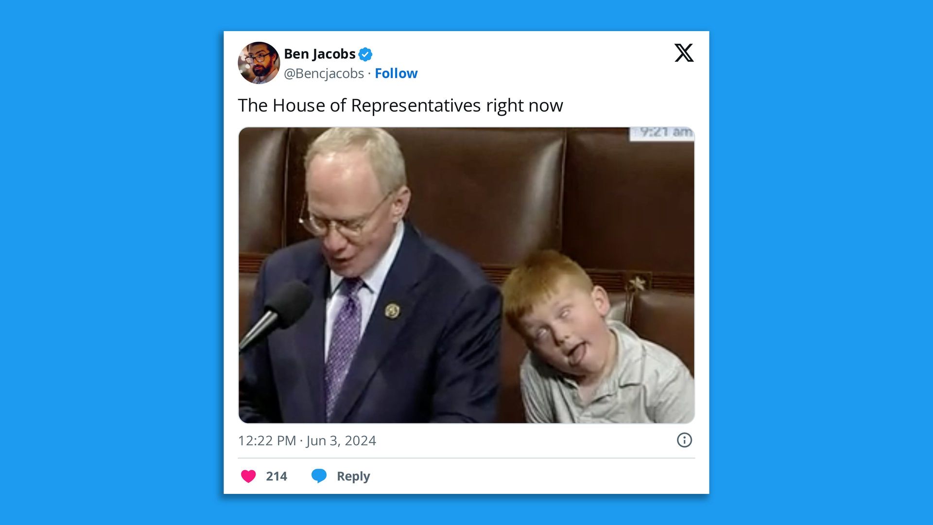 Screenshot of a tweet with a photo of a kid making a funny face behind a lawmaker on the House floor