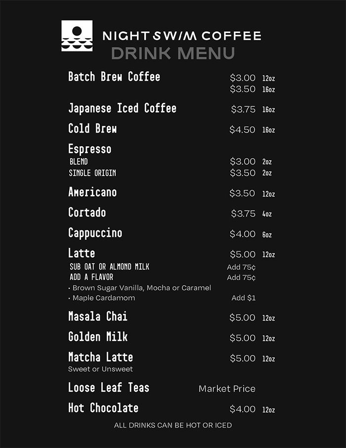 night swim coffee menu drinks