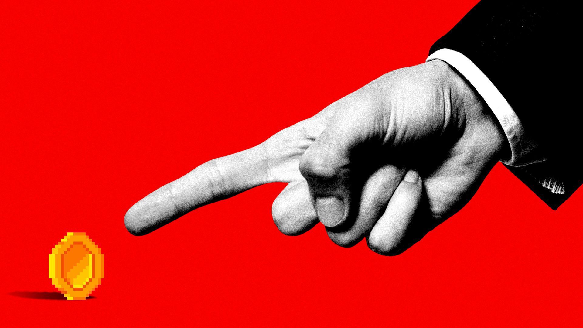 The arm of a person in a suit pointing at a digital coin.