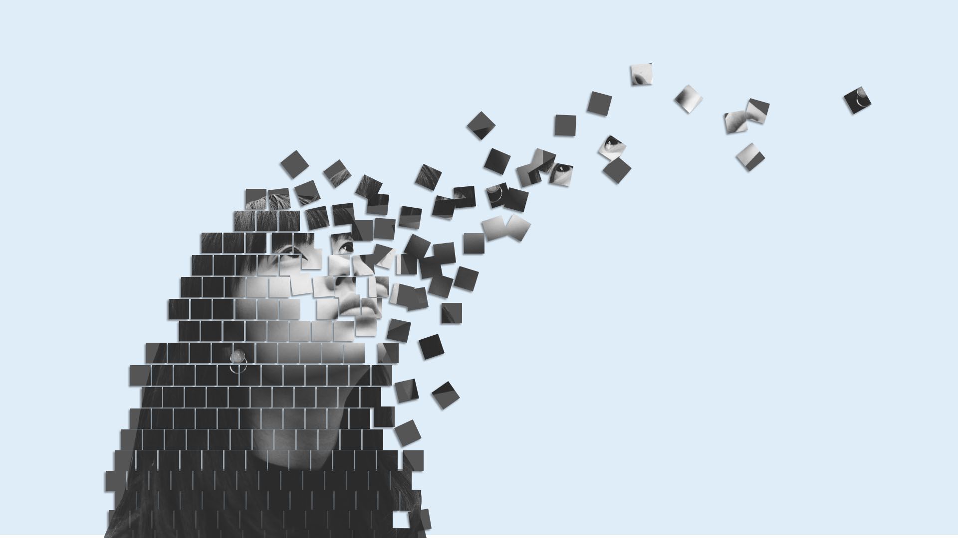 A pixelated person disintegrating.