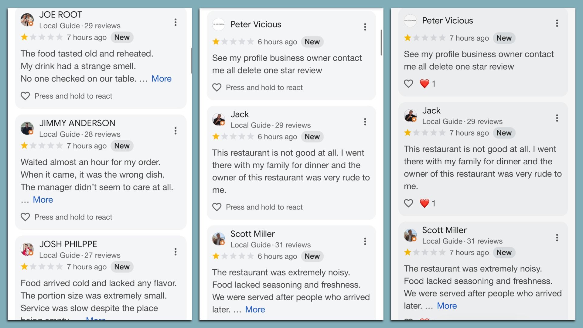 Screenshots of multiple 1-star Google reviews criticizing a restaurant for bad food, poor service, rude owner, and noise. Reviewers mention cold food, long waits, and lack of care from staff.