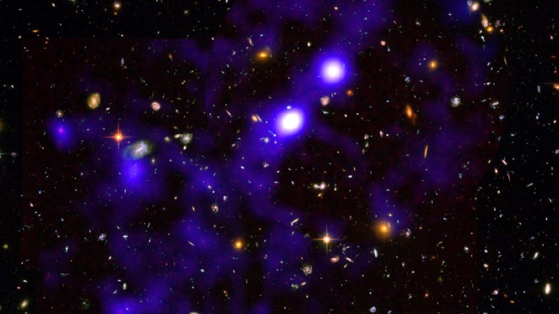 A scientific illustration showing the cosmic web connecting galaxies.